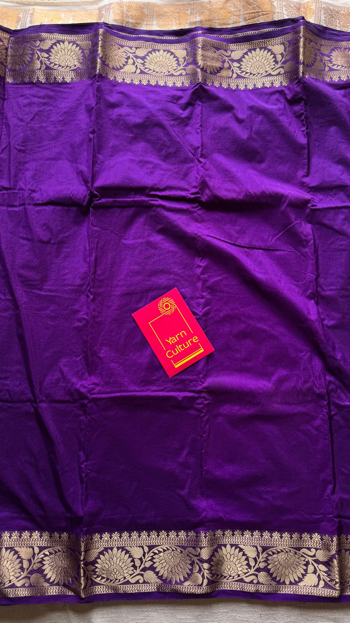 Purple, semi crepe silk saree with antique gold floral border - YCLOKOC59