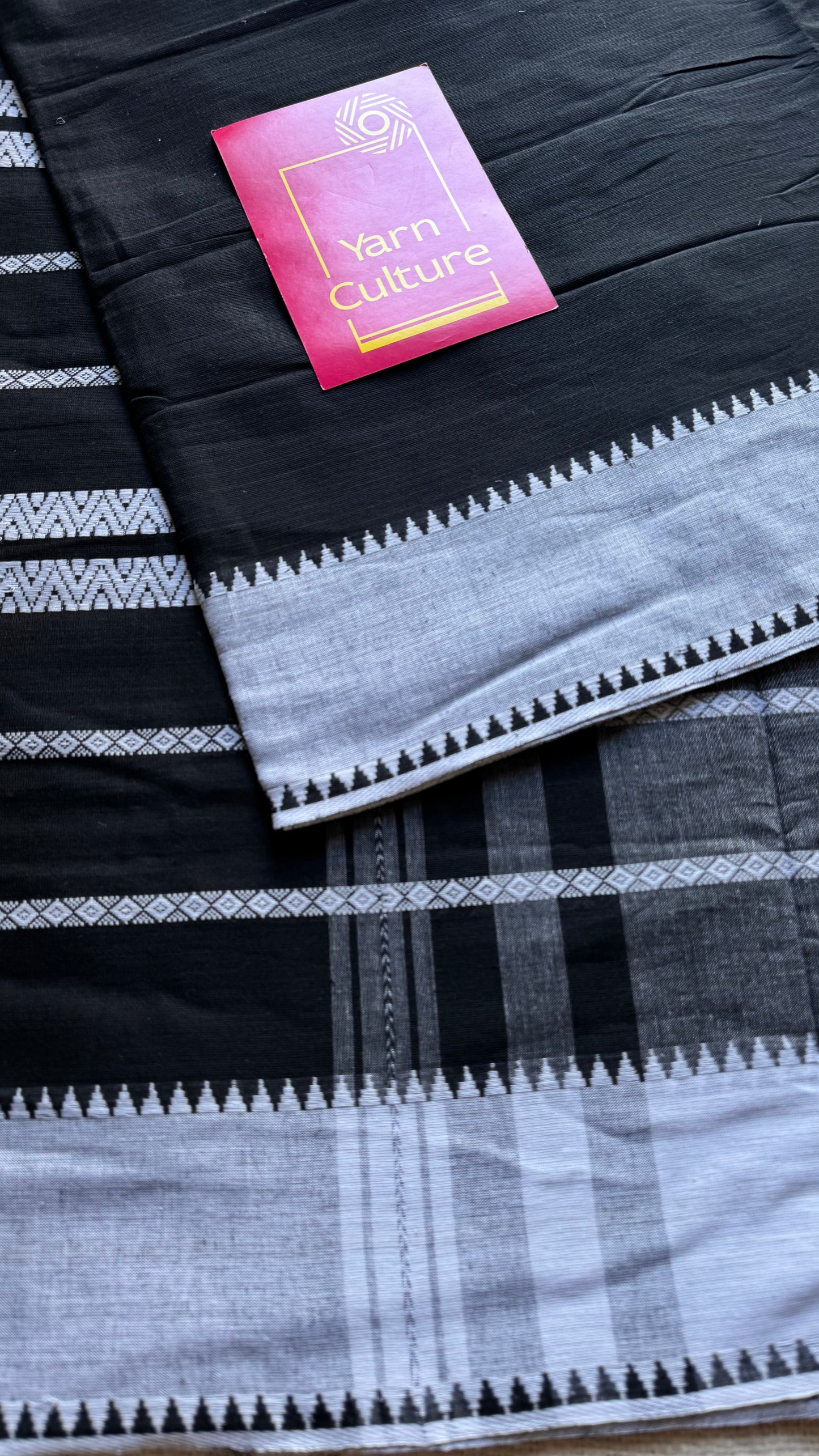 Dhonekhali handloom soft cotton saree, black with white woven threadwork and border - YCBCDFE267