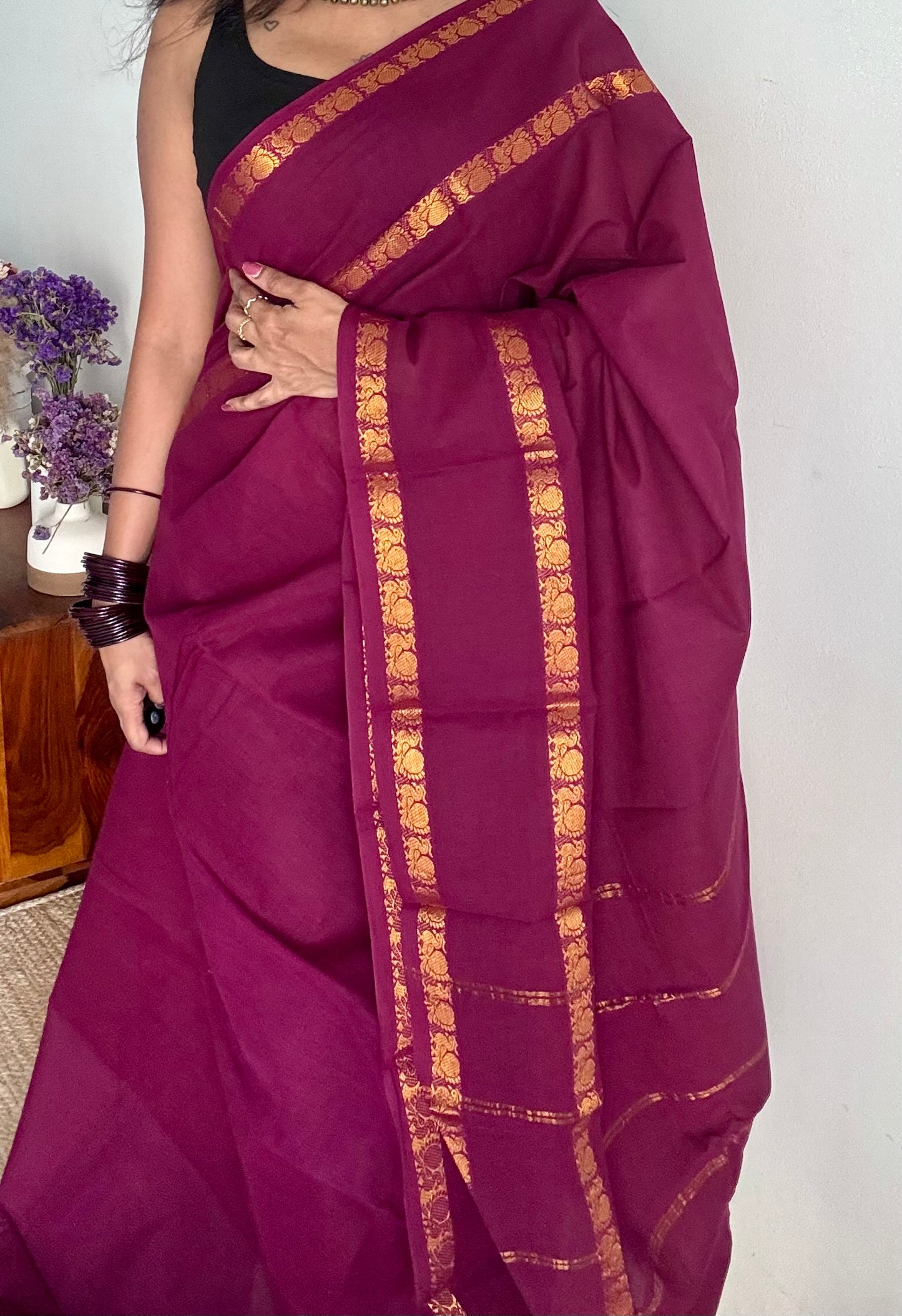 Dark purple pink (vadamalli) rettaipettu peacock double bordered, kattuchayam dyed madurai cotton saree  - YCCOTNMSAP210
