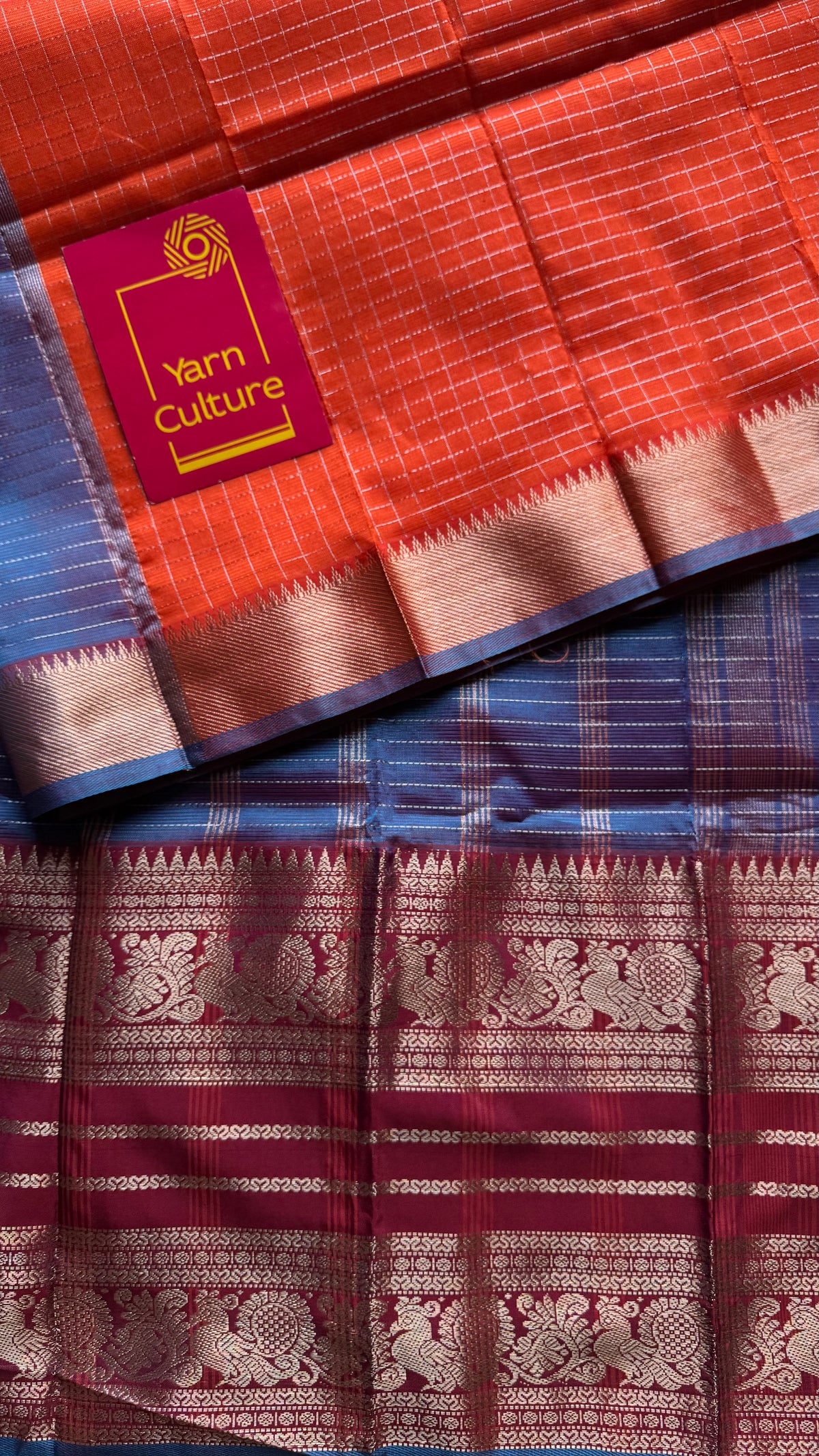Orange with blue silver zari checks, silver and gold peacock woven zari border, mangalgiri silk cotton, handwoven, soft, light weight - YCWOTDMSCOC122