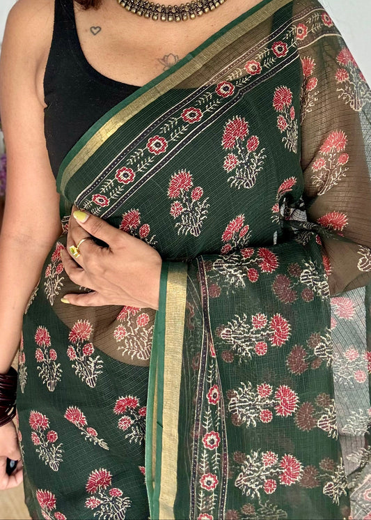 Mirchi Mix - dark green with red floral kota doria saree, with gold zari border - YCTORKDAP09