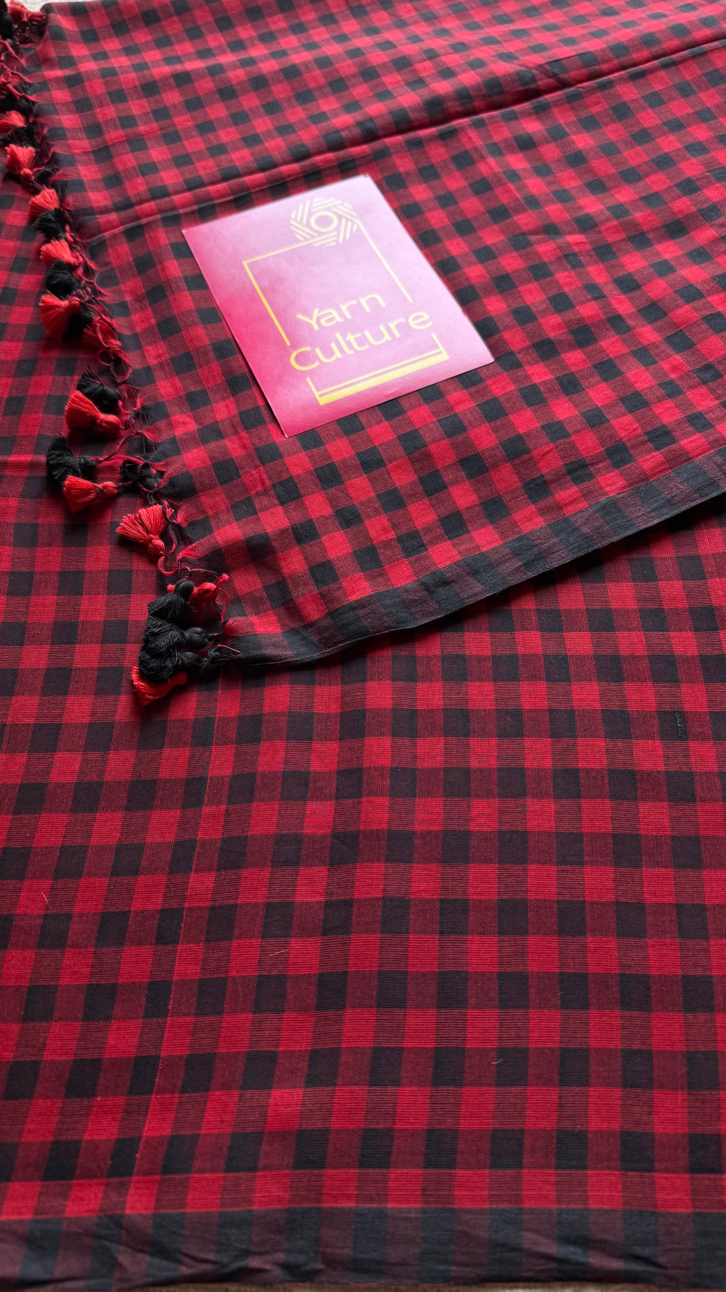 Red and black checkered mul cotton saree - YCBCMCFE220