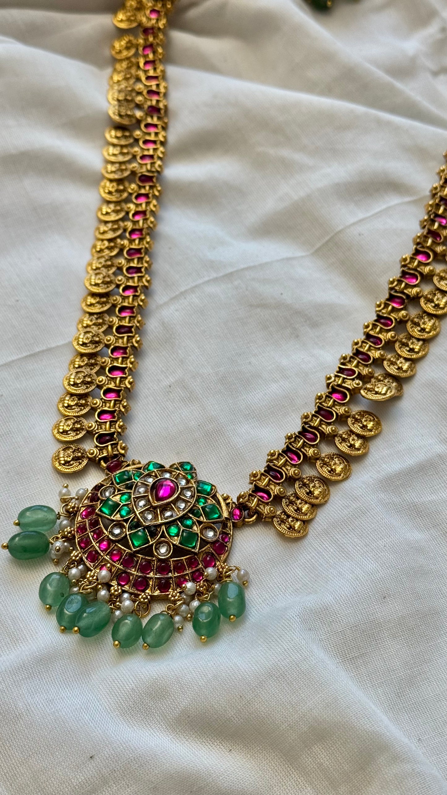 Long haram ruby, green stones and beads, coin pendants, with earrings - YCGPNP682