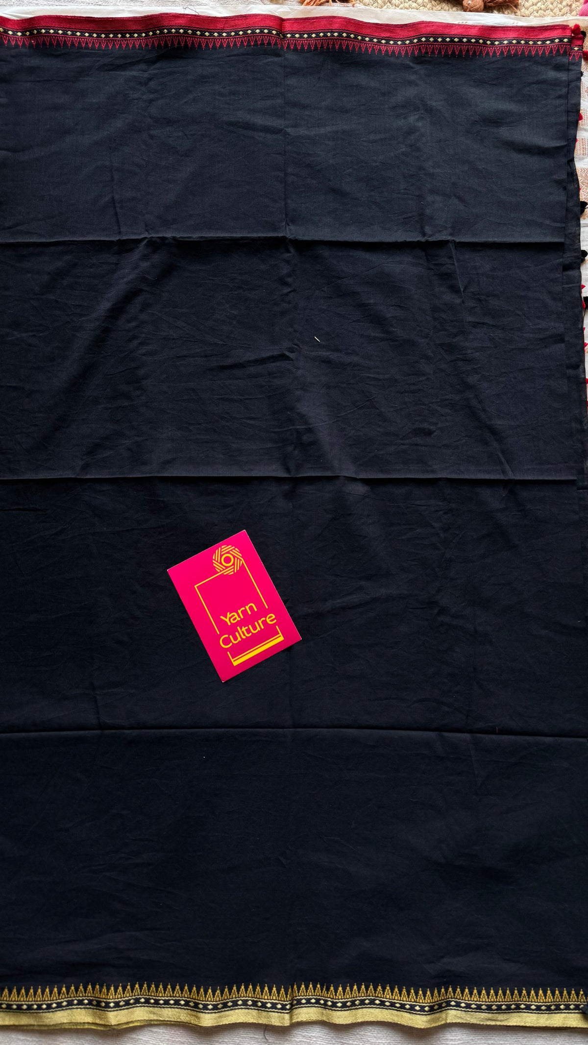 Handloom Bengal soft cotton saree, black with cream and red woven dual tone borders - YCBCMCSE42