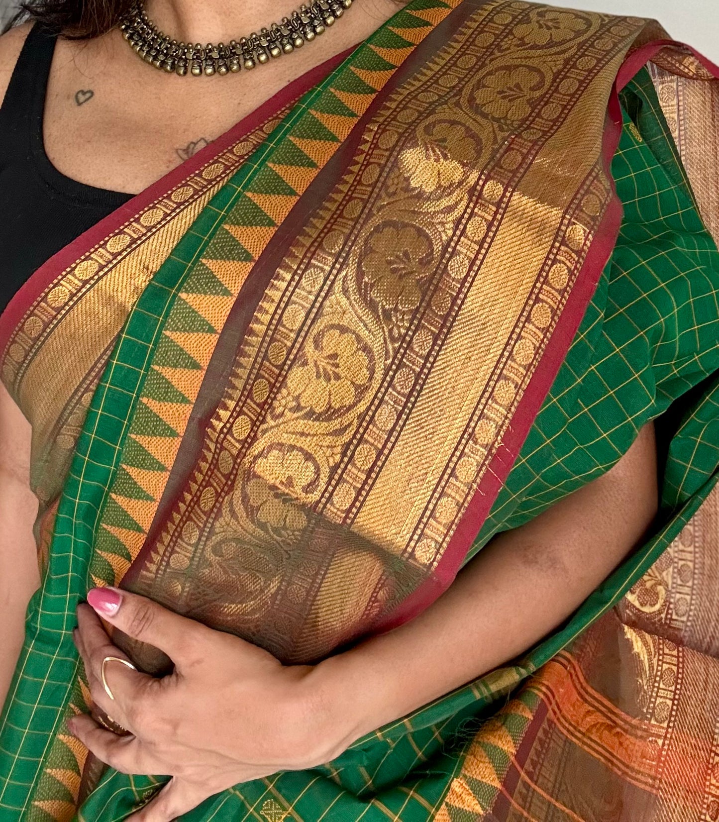 Kanchi cotton saree, green checks with maroon temple motif border - YCCOTNAP78