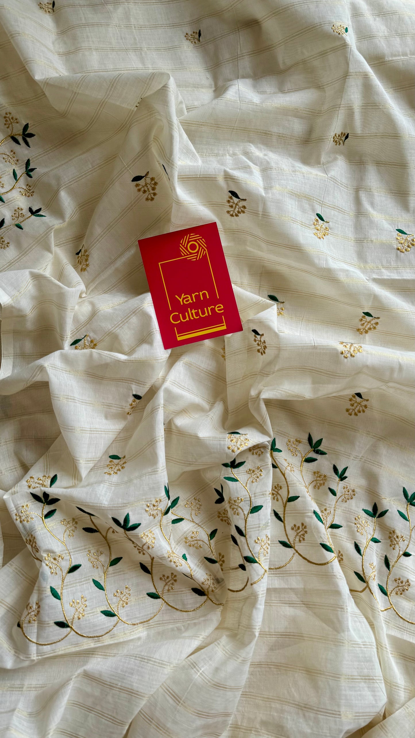 Ivory and gold soft cotton saree, dark green floral vine embroidery  - YCIEON57