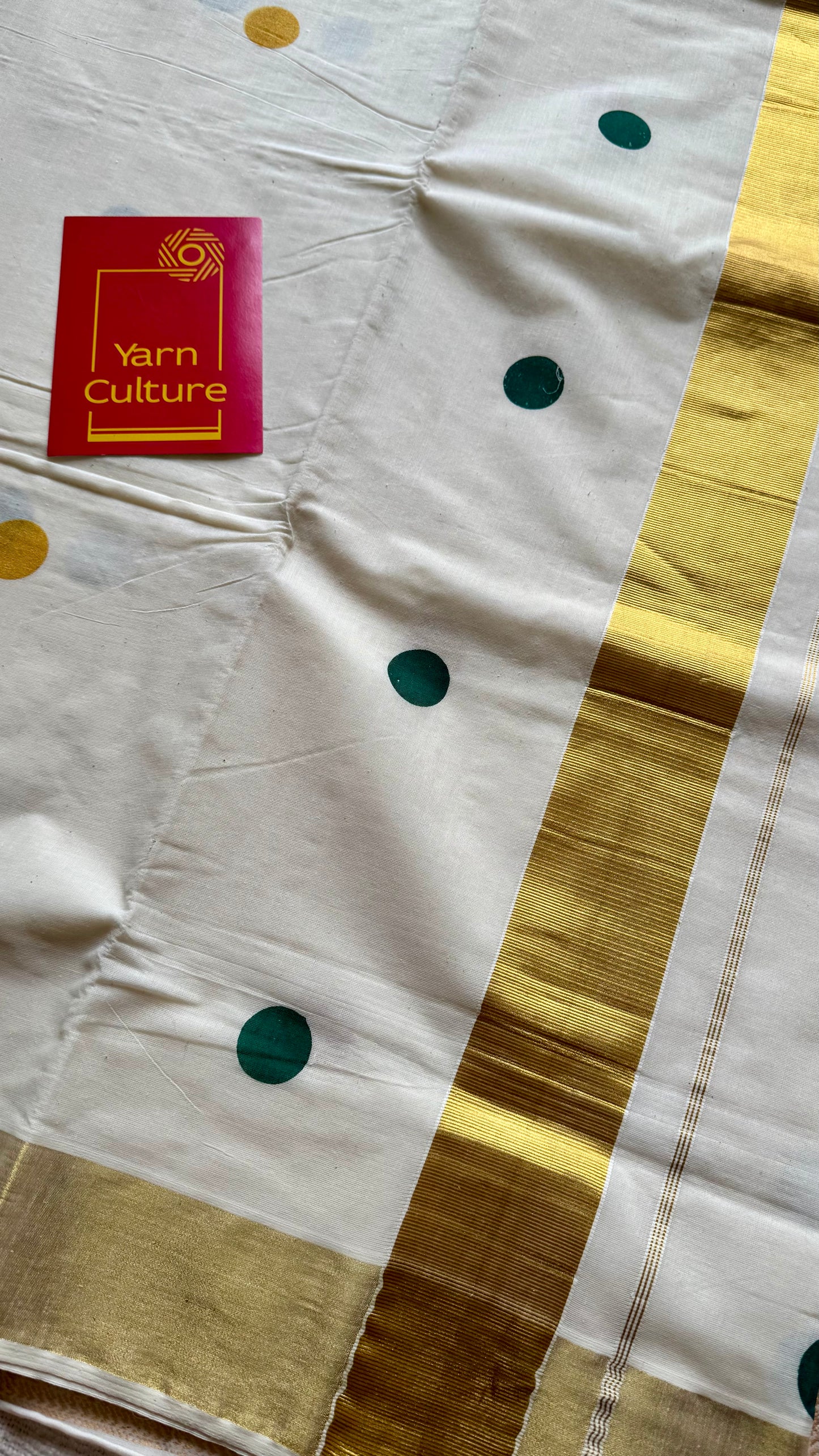 Ivory and gold soft cotton kasavu saree, dark green and yellow polka - YCIEON71