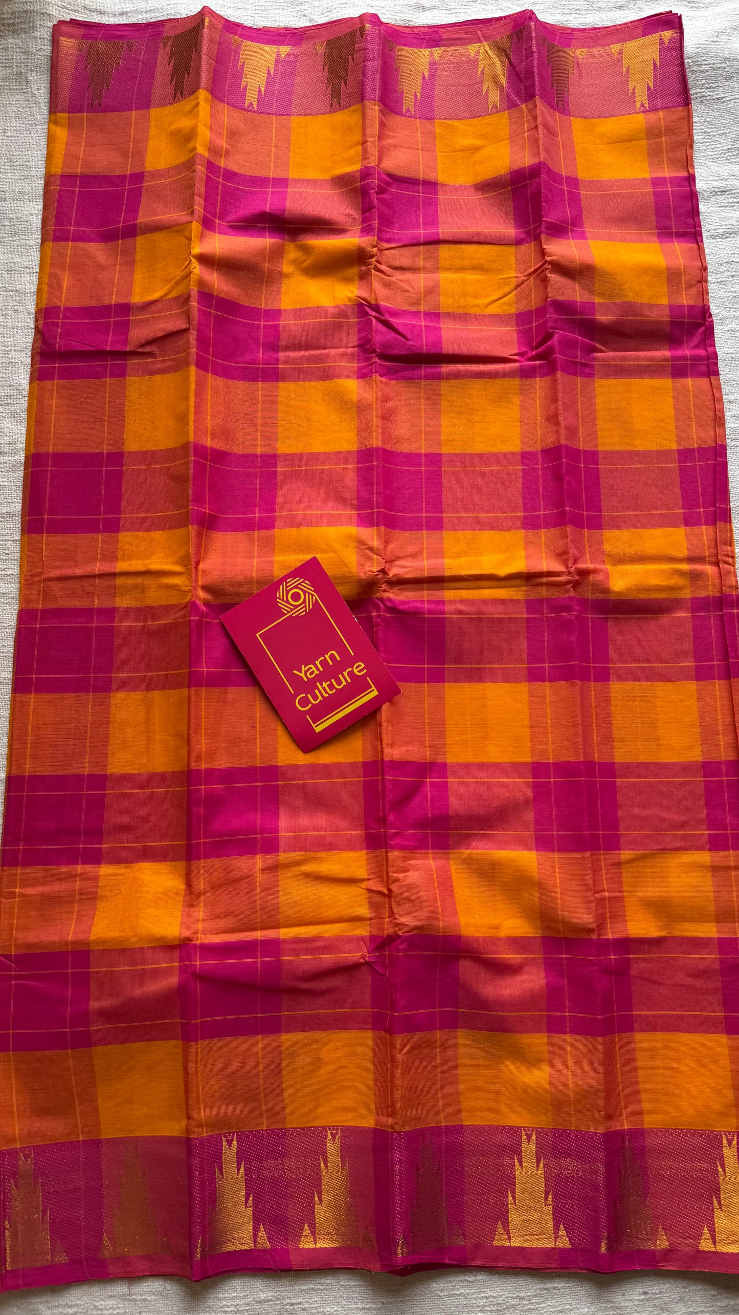 Chettinad cotton saree with yellow and pink checks, temple motif border - YCCOTNAP59