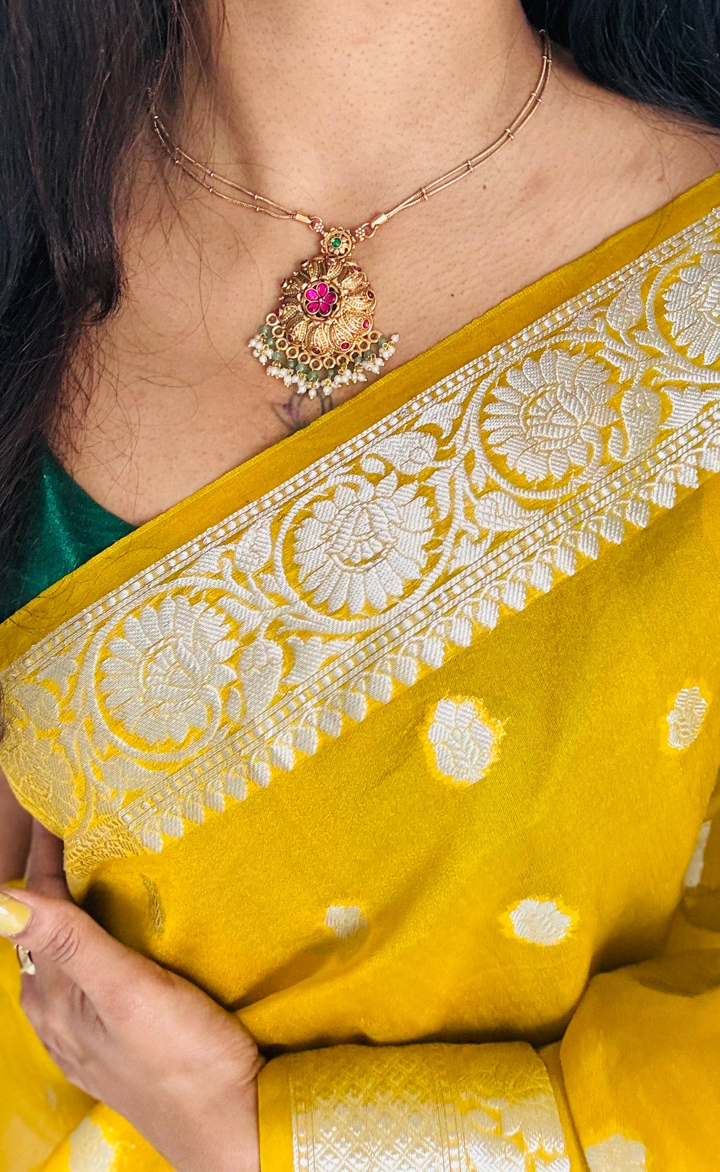 Floral ruby green pendant chain neckpiece with earrings - YCGPNP668