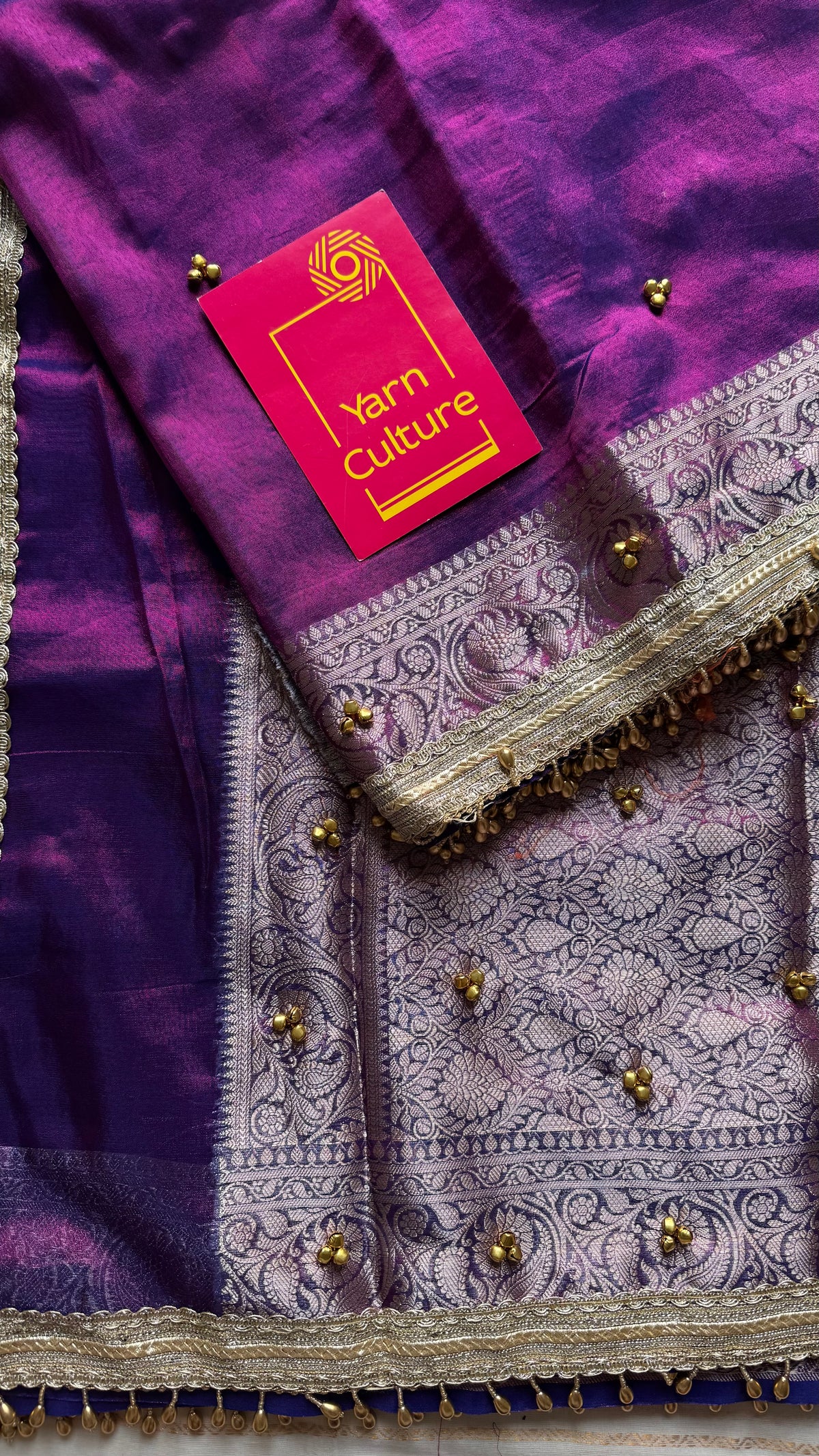 Purple gold tissue Banarasi saree with ghungroo embellishments and beaded lace border - YCBLTOC67