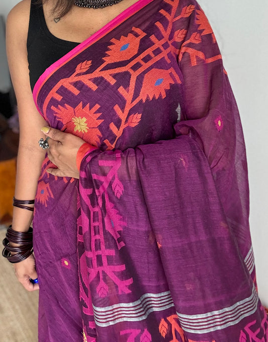 Purple with pink and orange jamdani saree in mul cotton - YCBCJDFE384