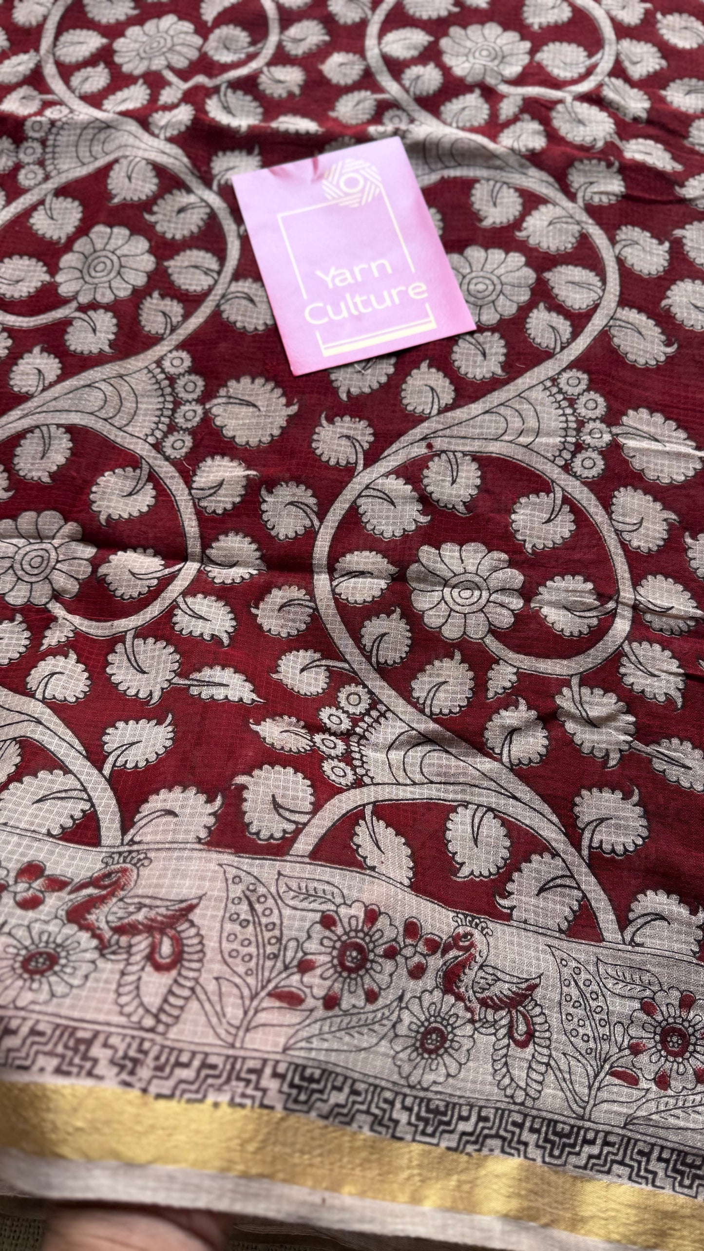 Red cream floral kalamkari saree in kota, with zari border - YCWOTDKKFE17