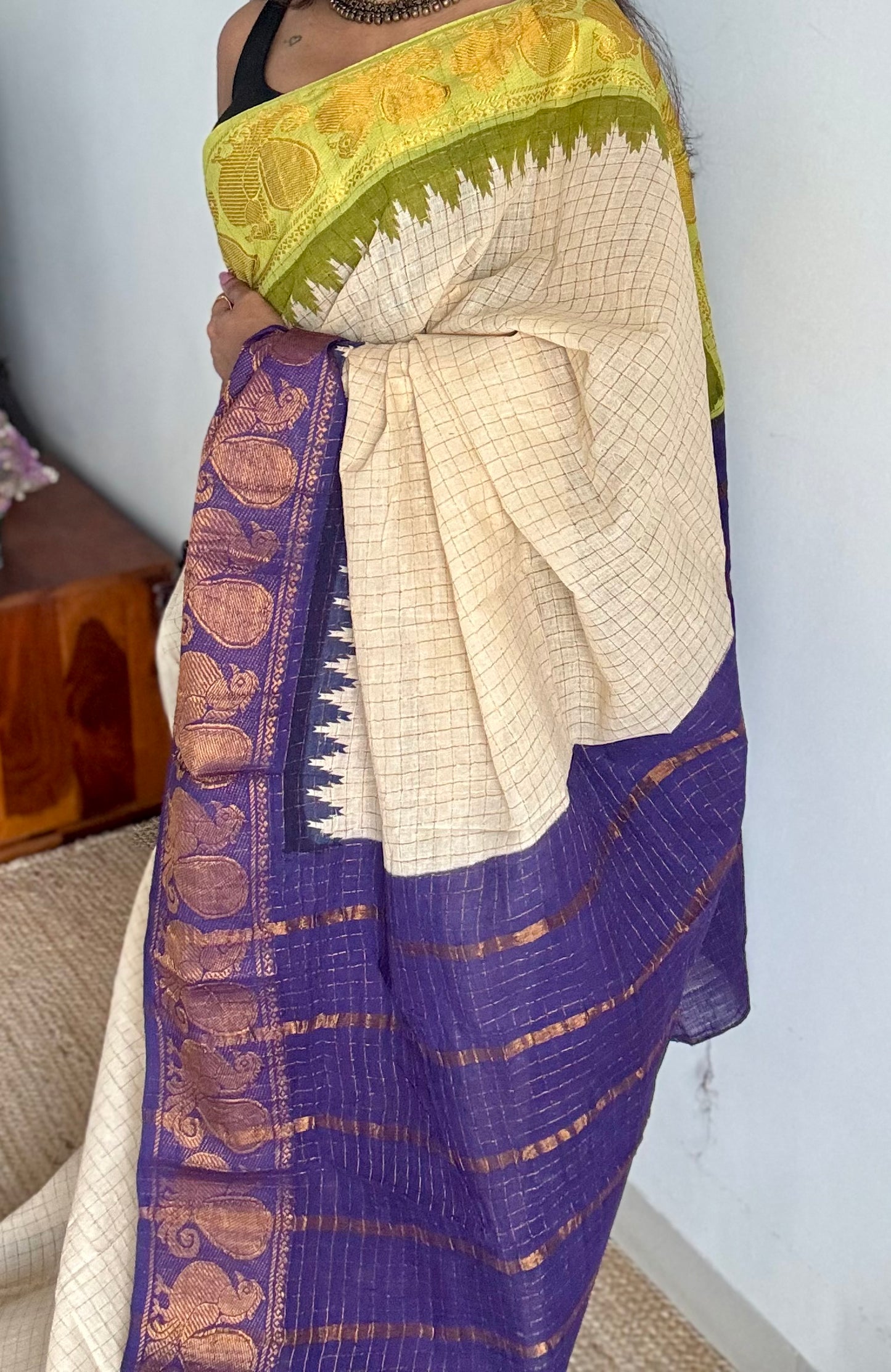 Sungudi cotton checks, ivory gold base, purple and neon green dual tone border, soft cotton - YCCOTNGJJA178