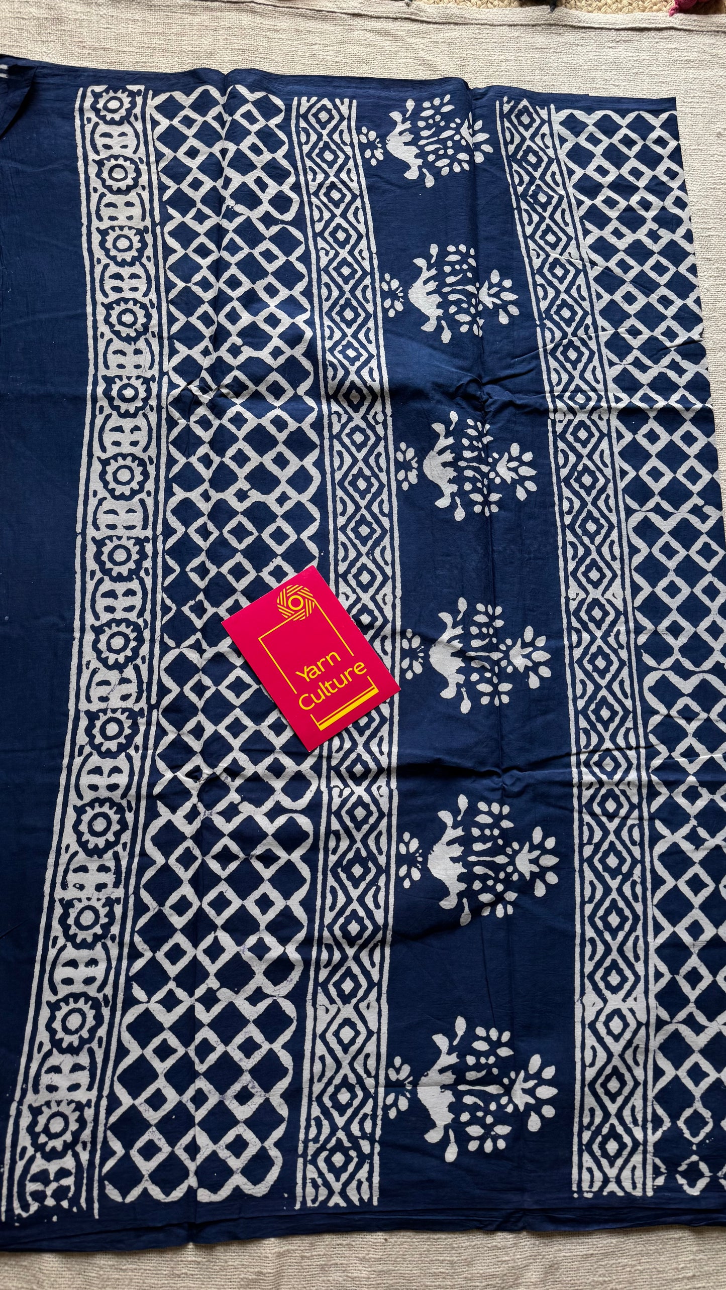 Beige with indigo zig zag motifs, block printed soft cotton saree - YCTORCMA22