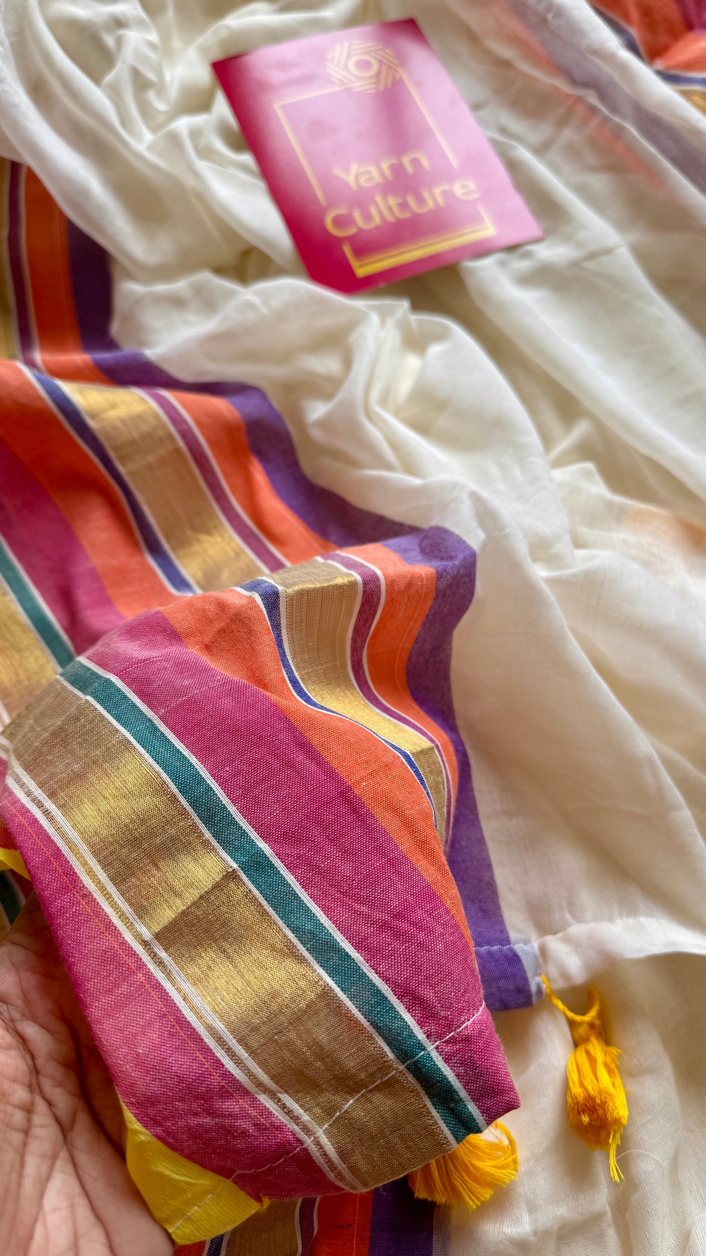 Ivory mul saree, multicoloured border - YCIEON34