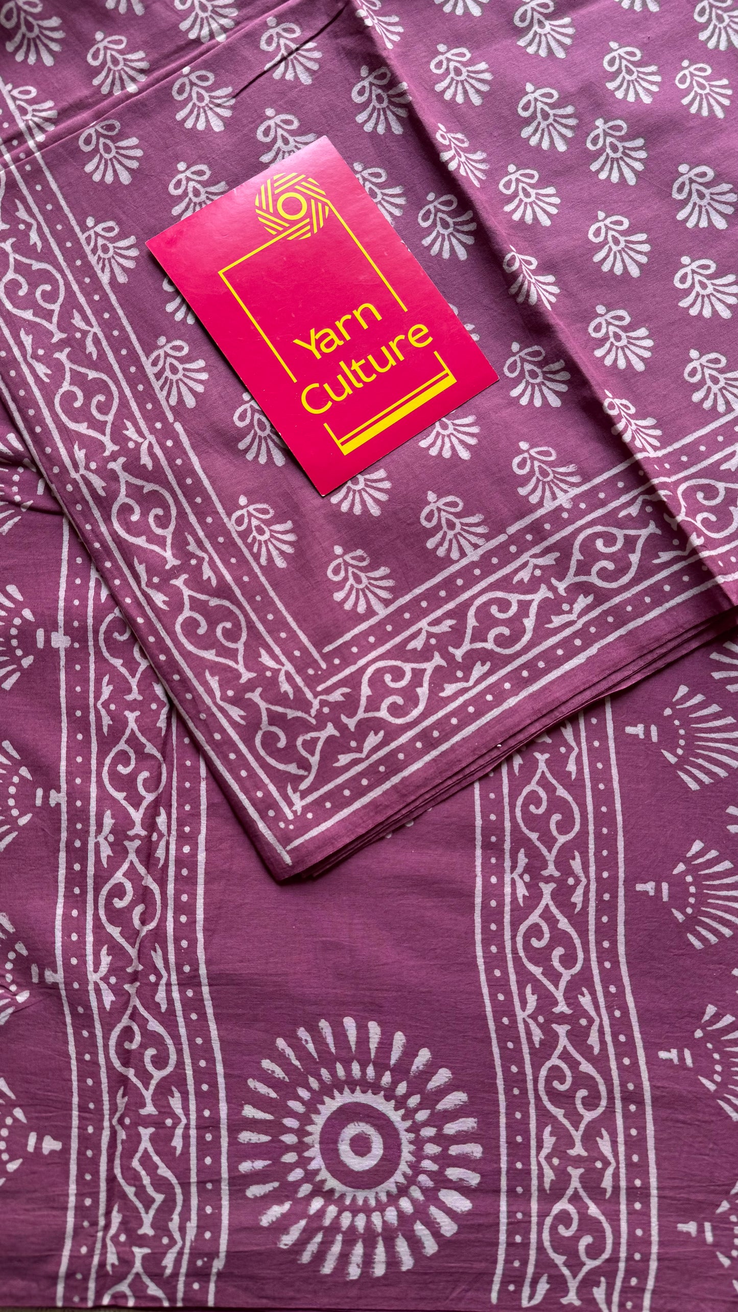 Purple pink with off white floral motifs, block printed soft cotton saree - YCTORCMA18