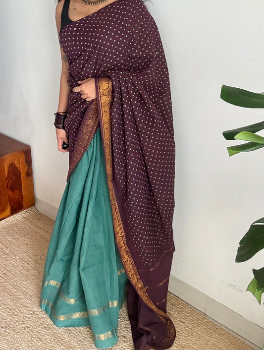 Brown with mint green, sungudi cotton half-half saree - YCCOTNIDOC16