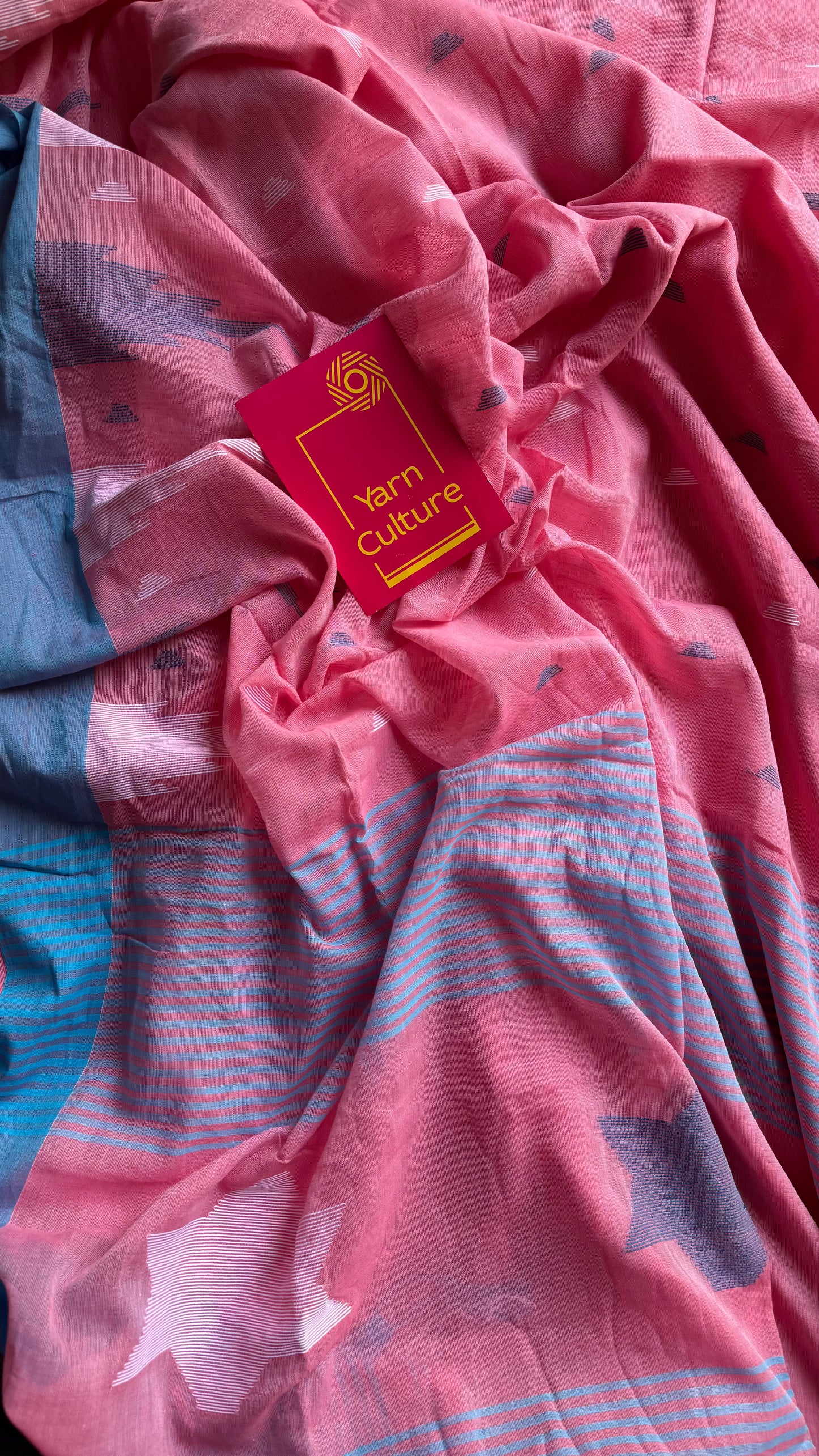 Peach pink with blue borders, temple motif woven threadwork, soft cotton - YCBCMKCDE31