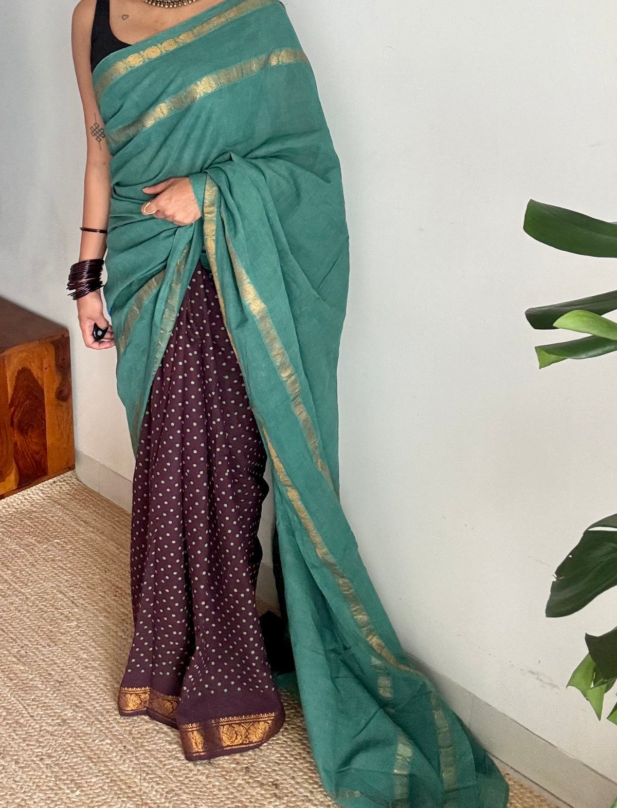 Mint green with brown, sungudi cotton half-half saree - YCCOTNIDOC15