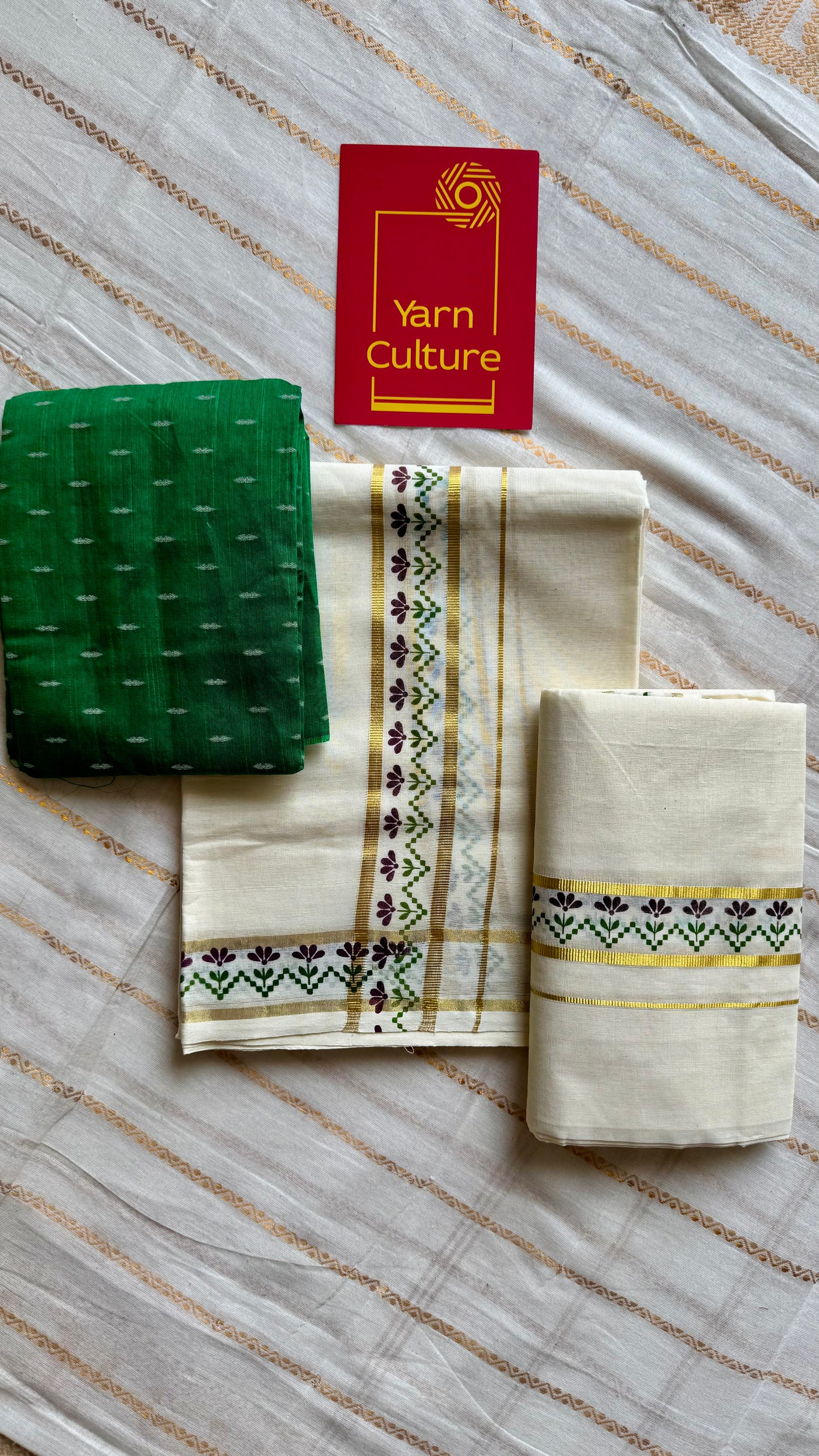 Set mund, purple and green flowers, gold kasavu gap border - YCIEON106