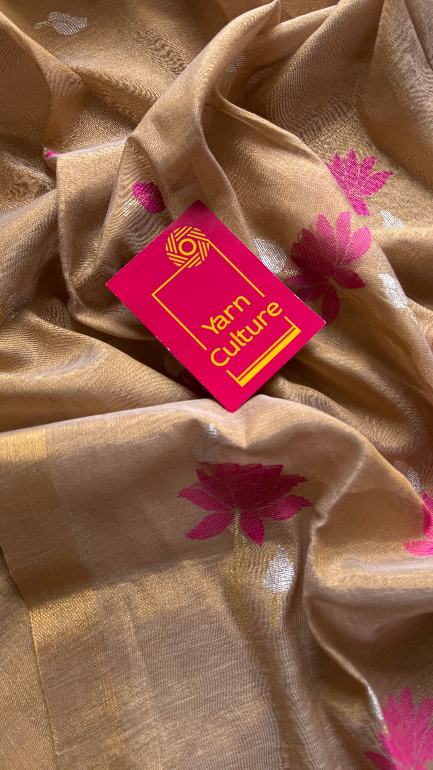 Handwoven ivory gold dual tone tissue linen saree with lotus motifs - YCBCLTFE400