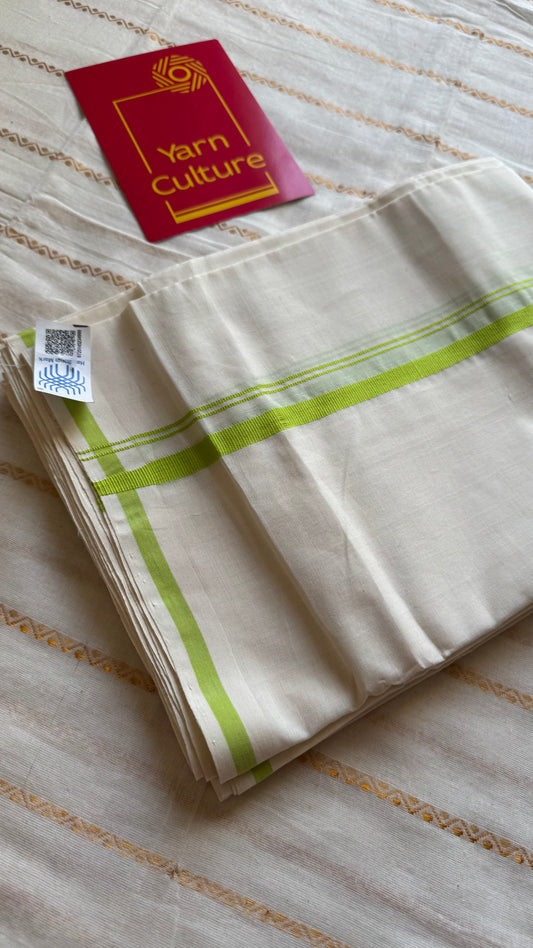 Ivory Chendamangalam Handloom Double Mundu with Light Green Kara | Soft Cotton Men's Dhoti- YCMSEIE177