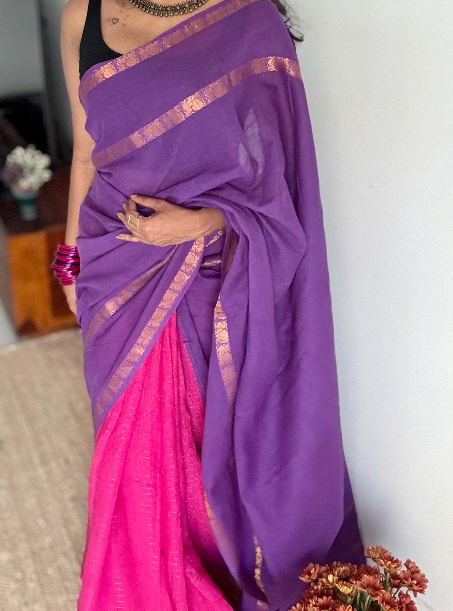 Alli (அல்லி) : purple with pink, sungudi cotton - YCENOID02