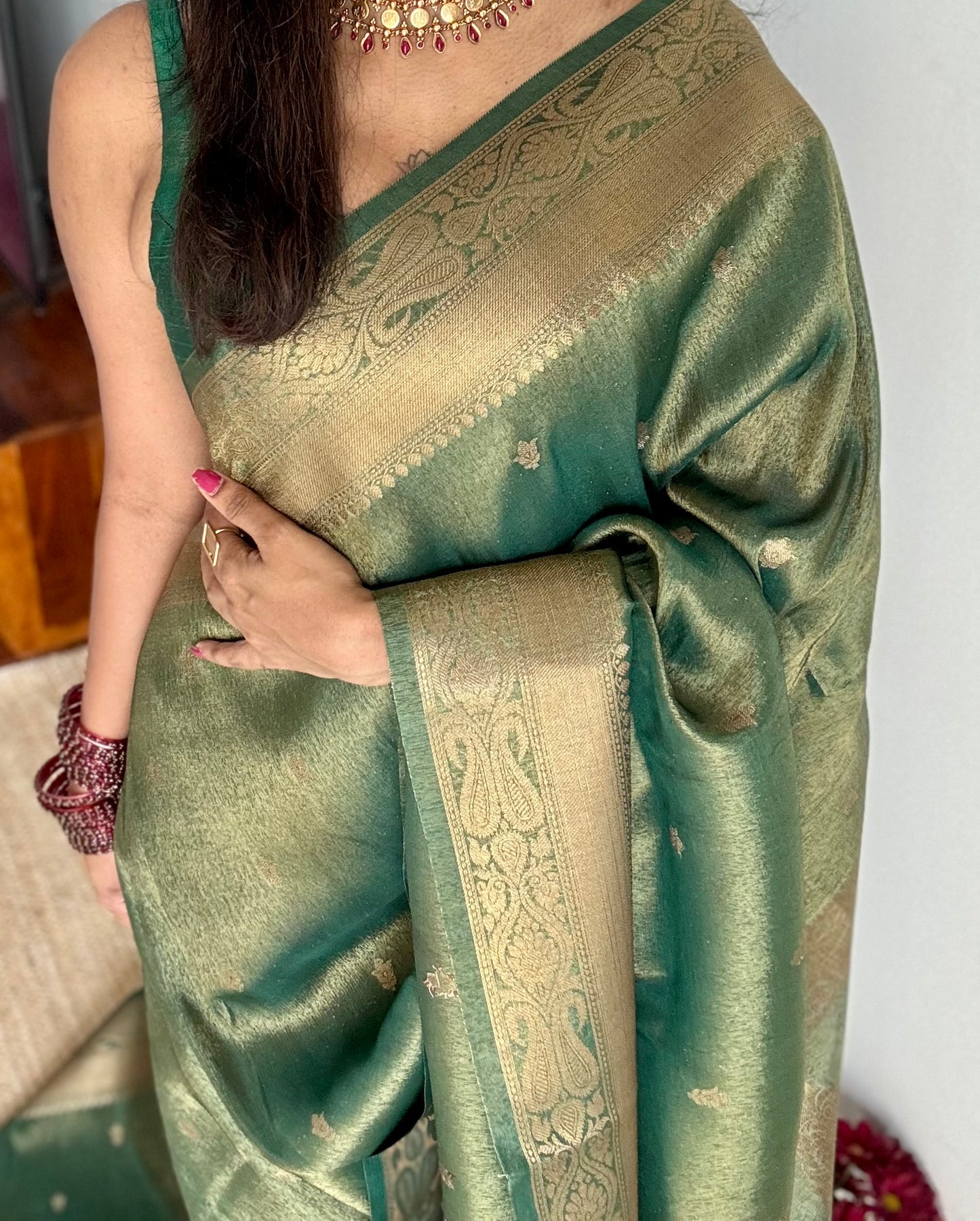 Green with gold dual tone, Banarasi semi-silk - YCDESE07