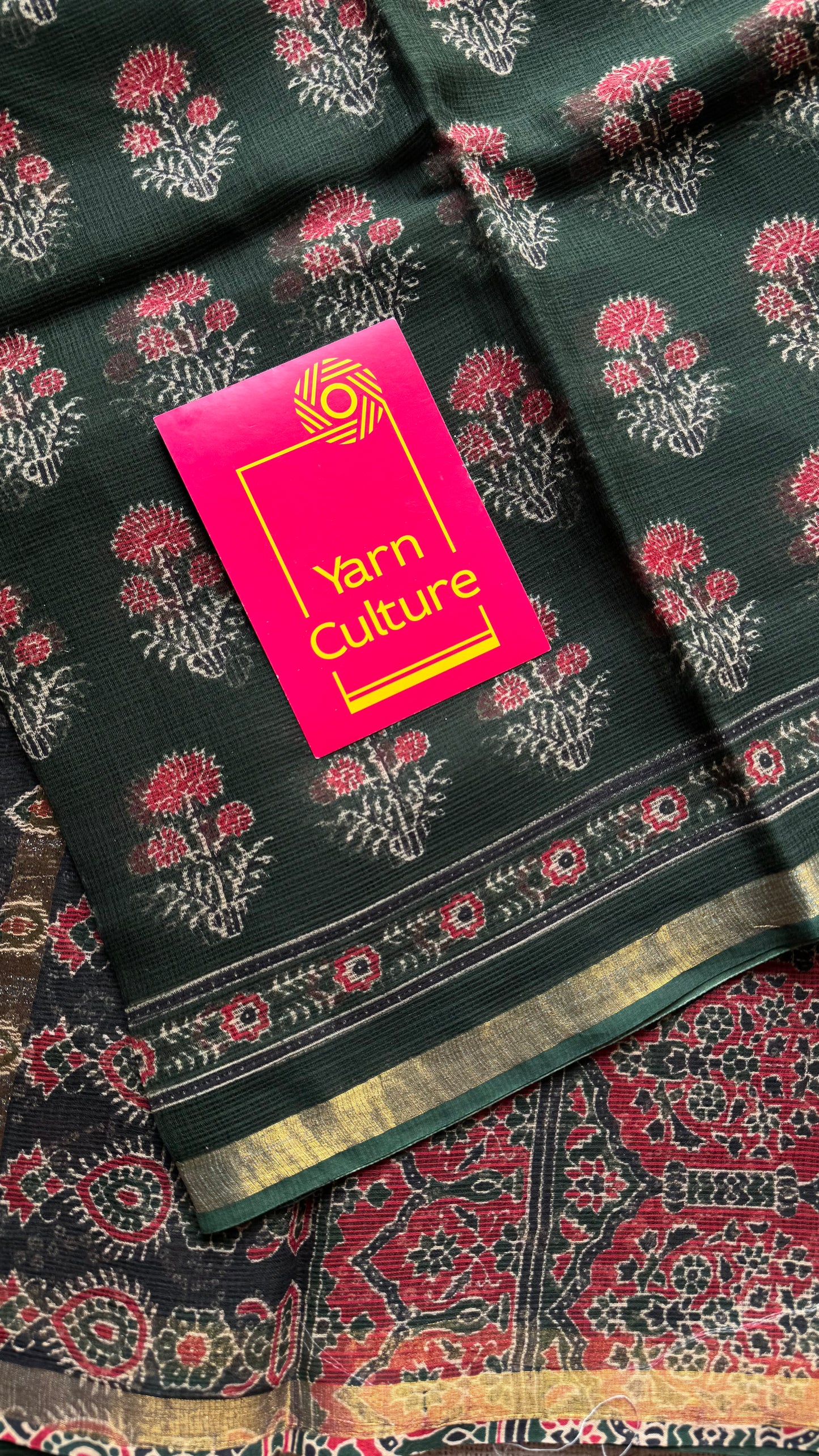 Mirchi Mix - dark green with red floral kota doria saree, with gold zari border - YCTORKDJU28
