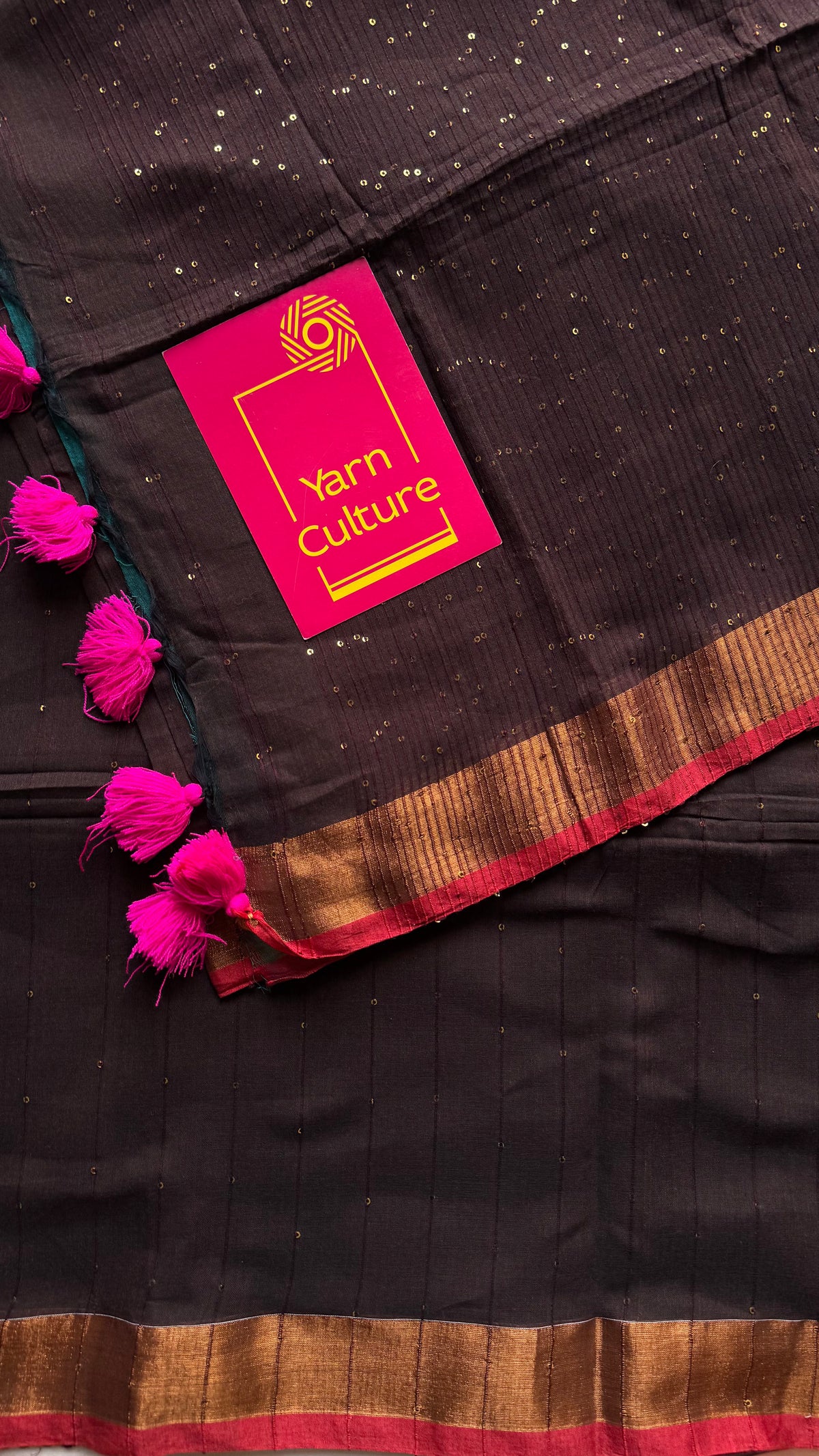 Brown mul cotton saree with sequins and zari border - YCBCMCSE33