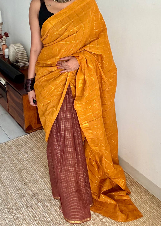 Turmeric yellow with brown, sungudi cotton half-half saree - YCCOTNIDMA314