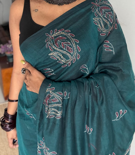 Embroidered peacock blue kantha weave in soft cotton - YCBCKKJA144