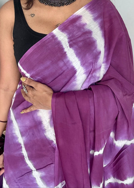 Purple with white tie and dye pattern, soft cotton saree - YCTORCMA04
