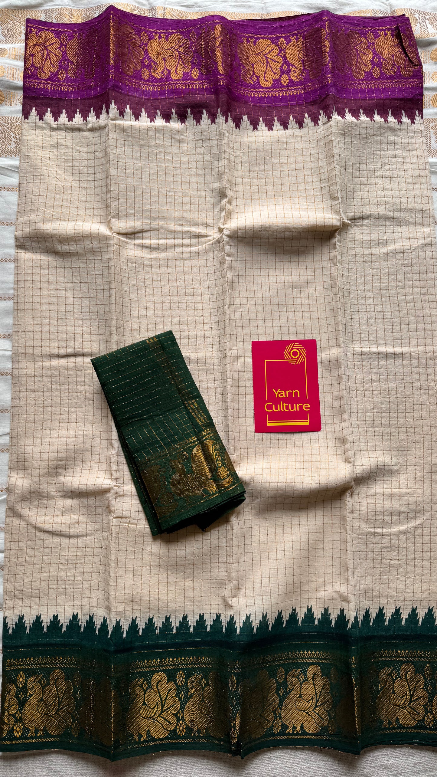 Sungudi cotton checks, ivory gold base, magenta and dark green dual tone border, soft cotton - YCCOTNMSJUL07