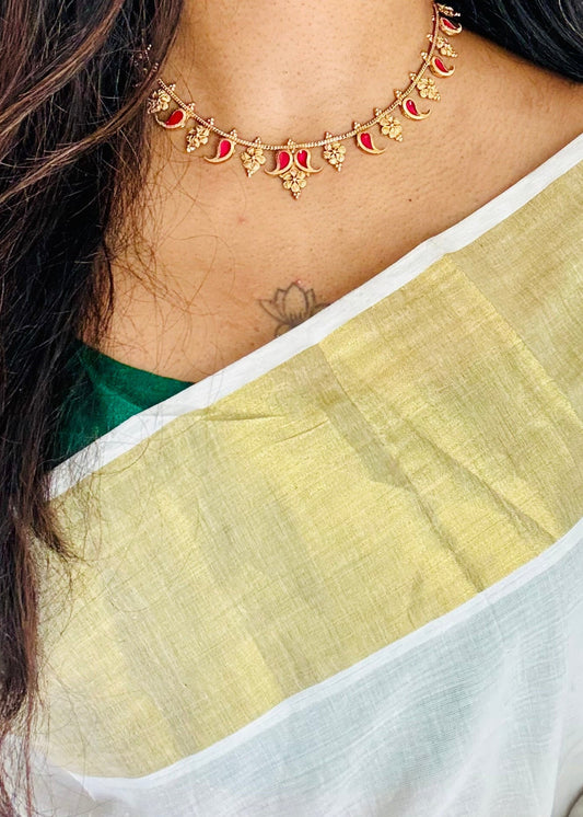 Curved red palakka (pulinagam) with floral pendant neckpiece, with earrings - YCGPNP760