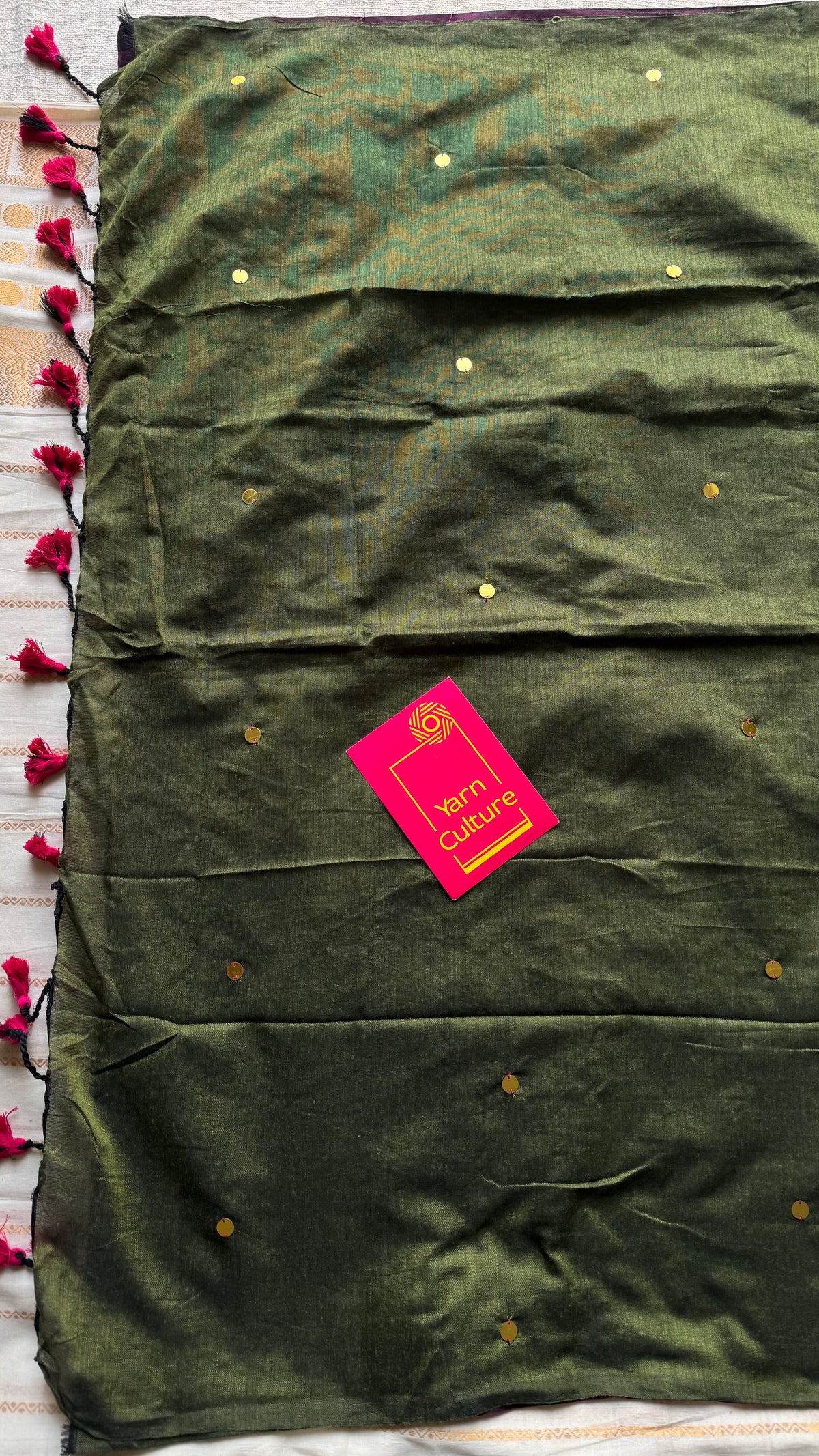Wine with olive green contrast pallu, gini sequins, soft cotton saree - YCBCSCOC06
