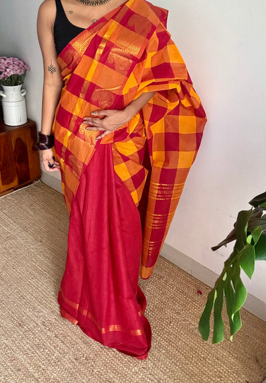 Multicoloured checks with chilli red, sungudi and chettinad cotton half and half saree - YCCOTNIDOC143