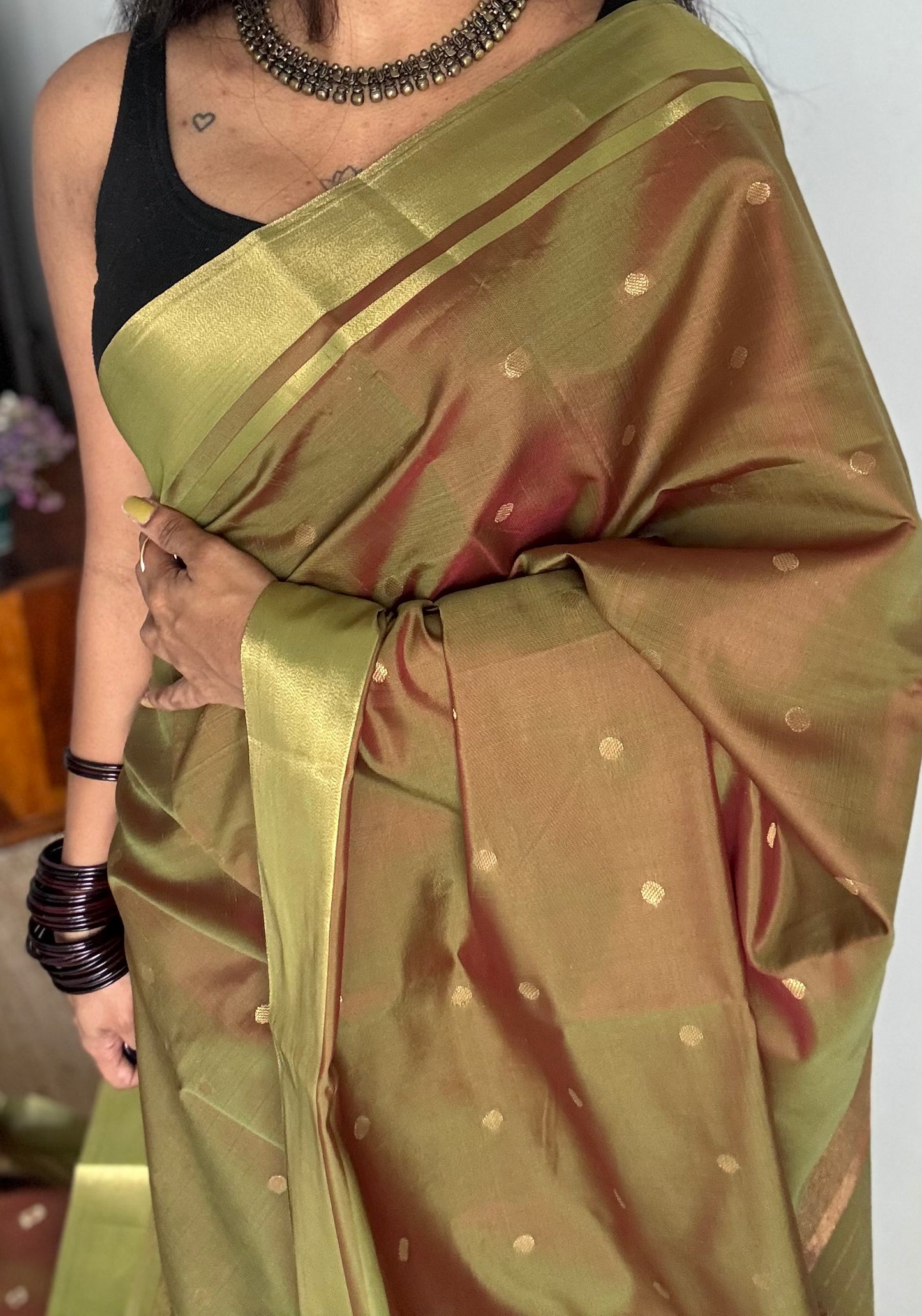 Green brown dual tone with antique gold border & buttas, semi katan silk - YCBLSSJA18