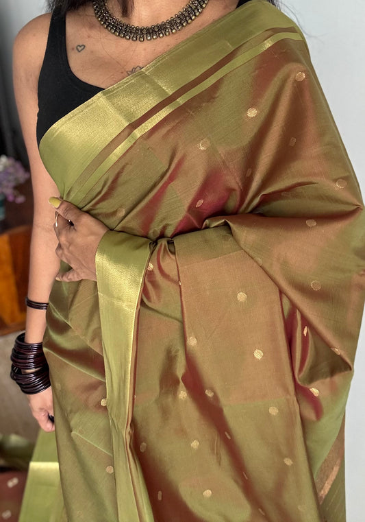 Green brown dual tone with antique gold border & buttas, semi katan silk - YCBLSSJA18