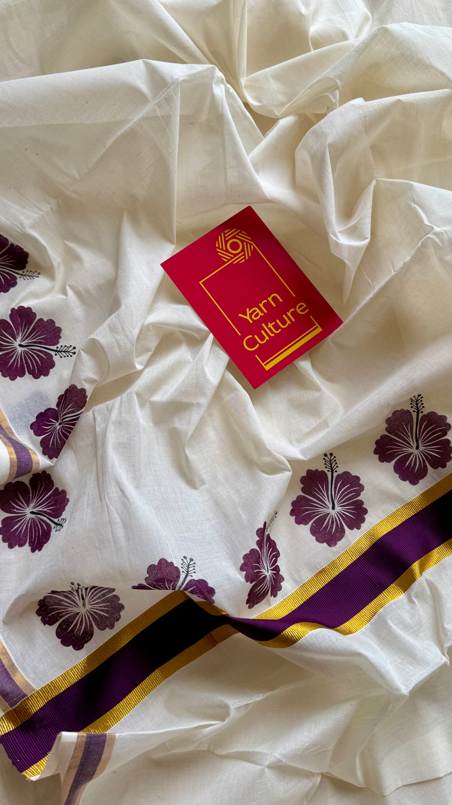 Ivory and gold soft cotton saree, wine hibiscus (chembarathi) flowers - YCIEON63