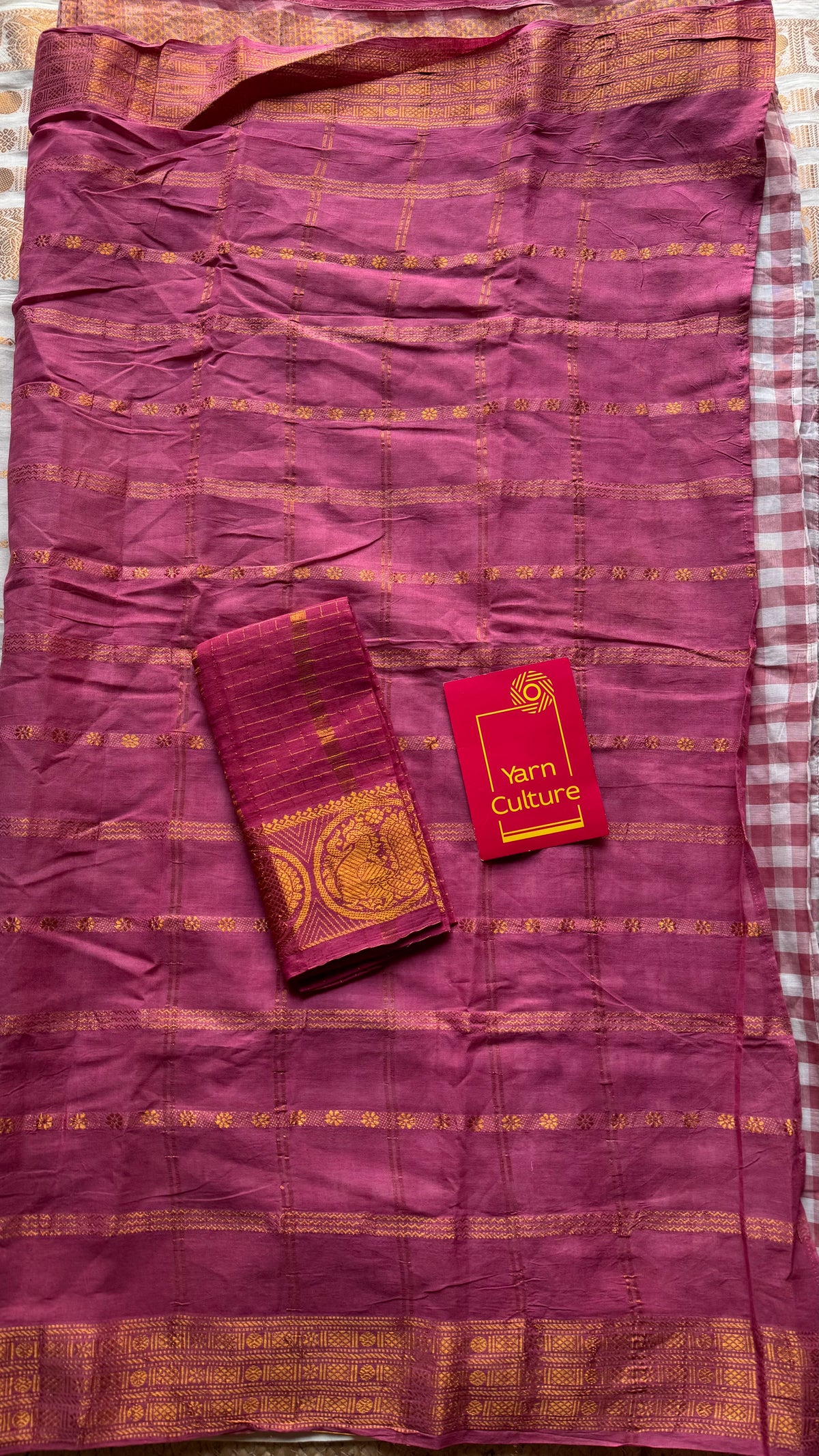 Dusty pink with multicoloured checks, sungudi and chettinad cotton half and half saree - YCCOTNIDOC136