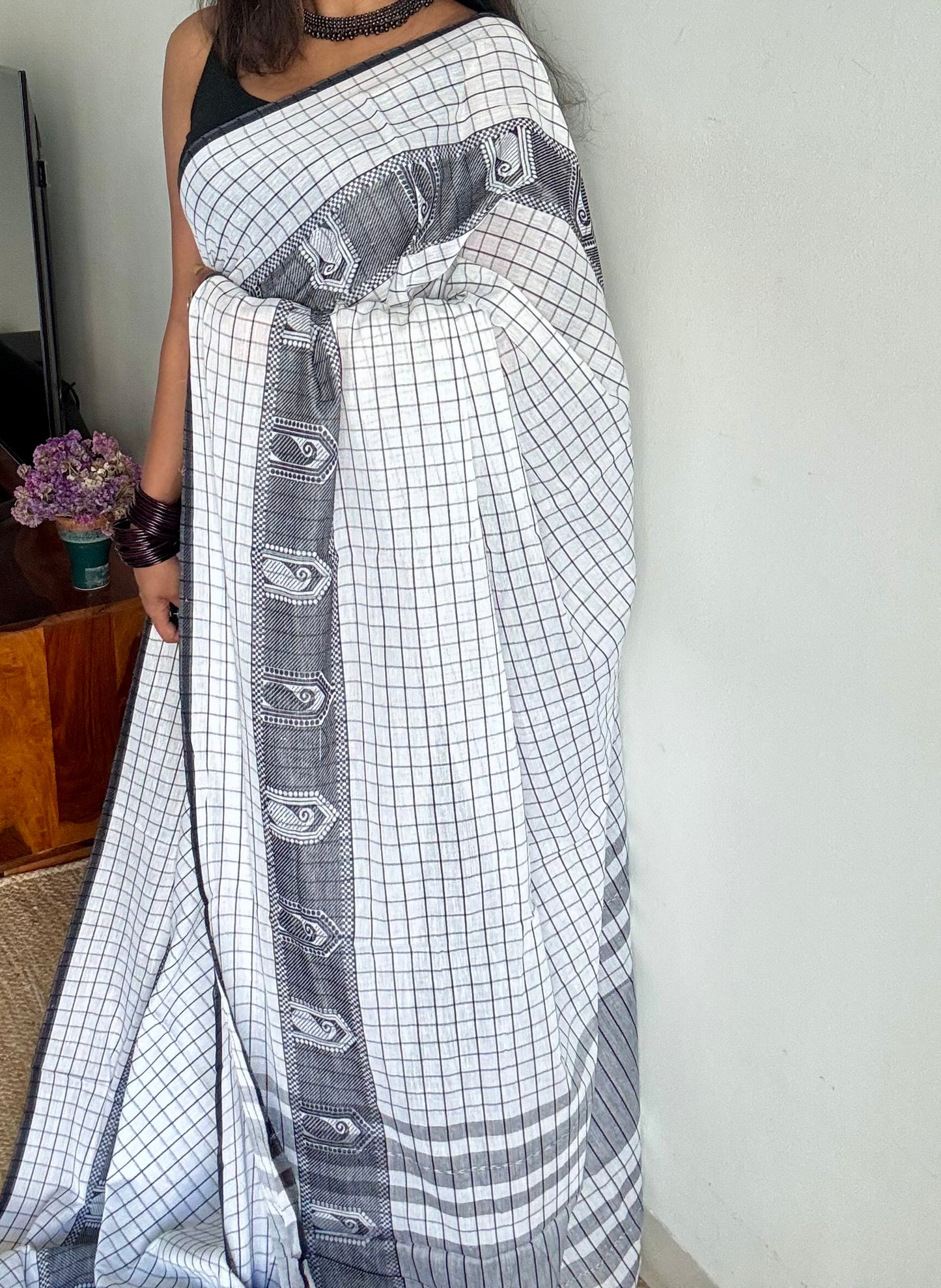 Dhonekhali handloom soft cotton saree, black and white checks, black thread motif worked border - YCBCDFE265