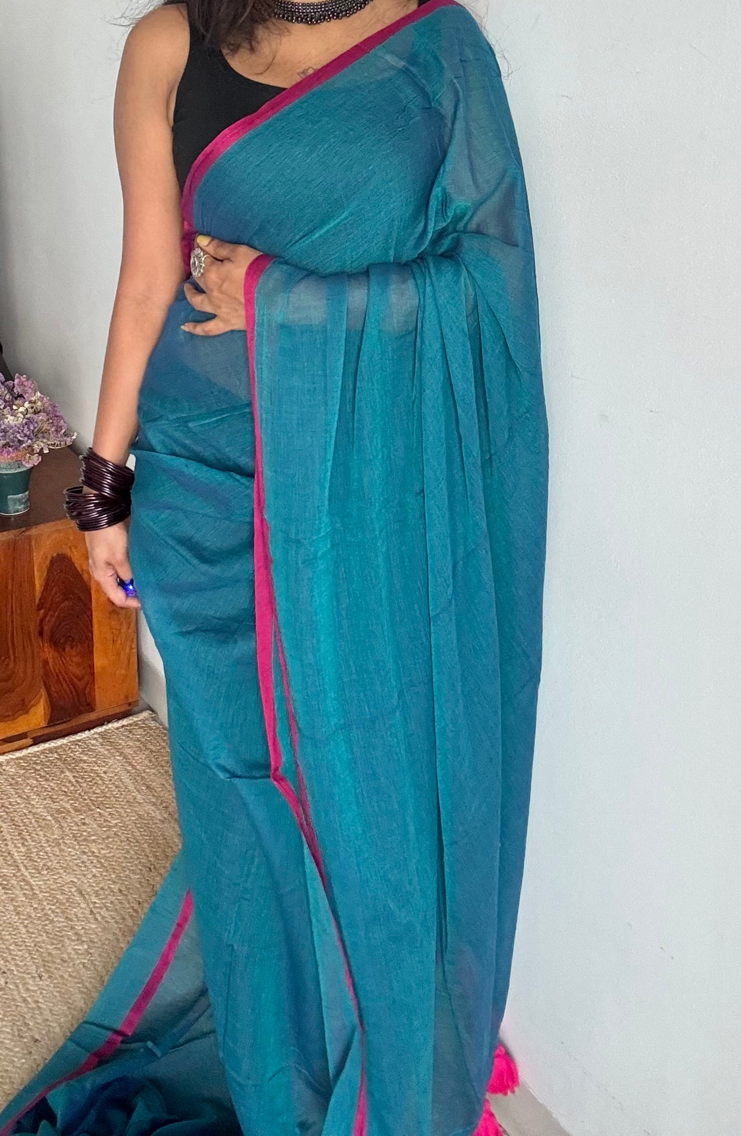 Peacock blue with dark pink border mul cotton saree - YCBCMCFE225