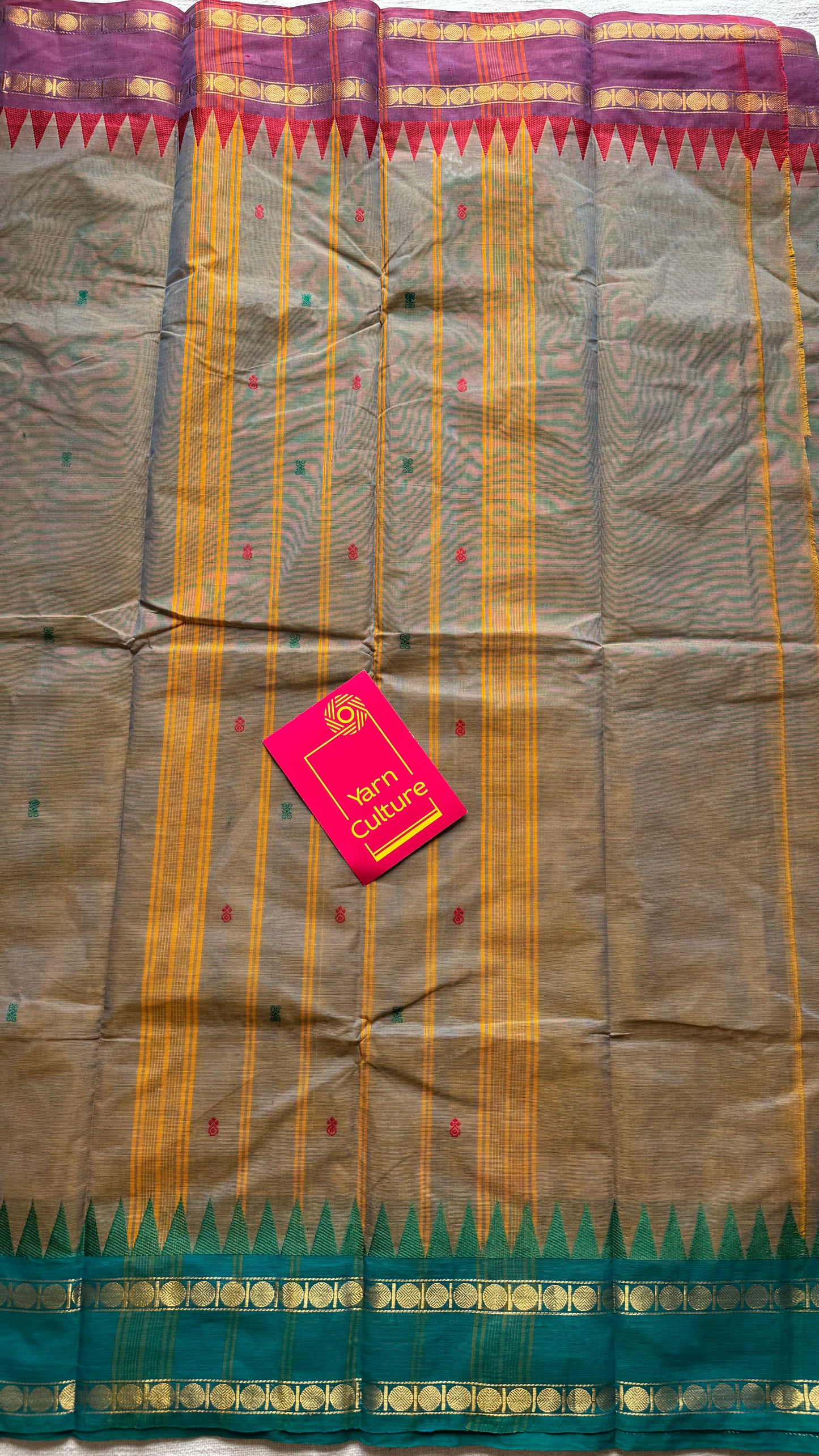 Kanchi cotton saree, warm grey with purple pink and green dual border - YCCOTNAP96