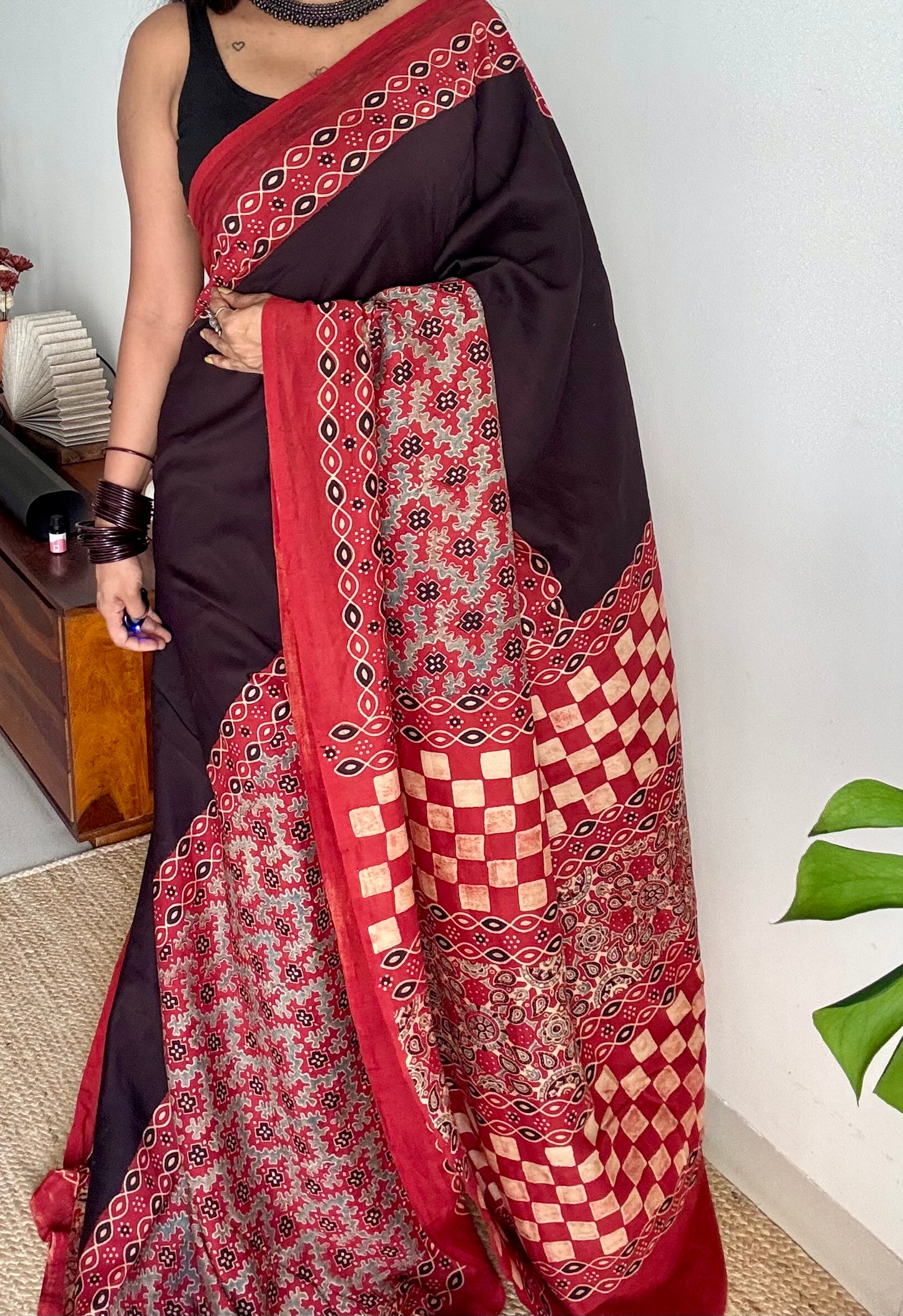 Black and red chanderi saree with ajrakh handblock print - YCTOKAJC343
