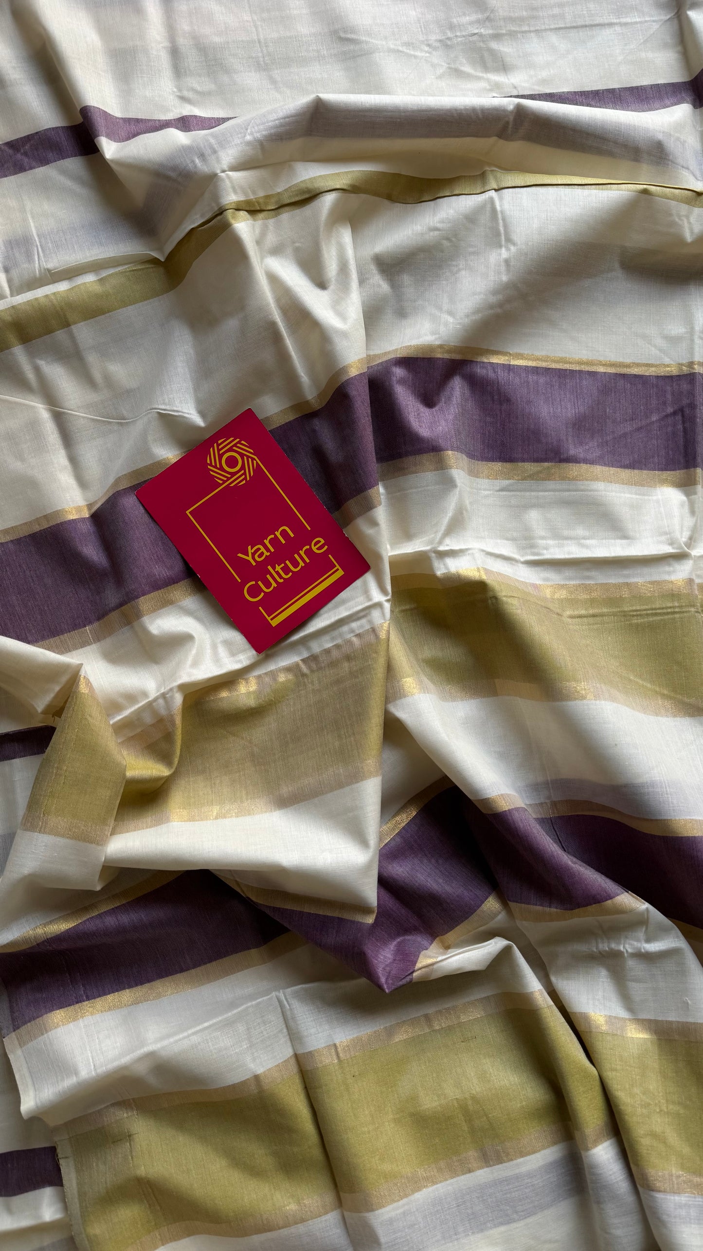 Ivory Kerala cotton saree with purple and green stripes - YCIEKCFE306