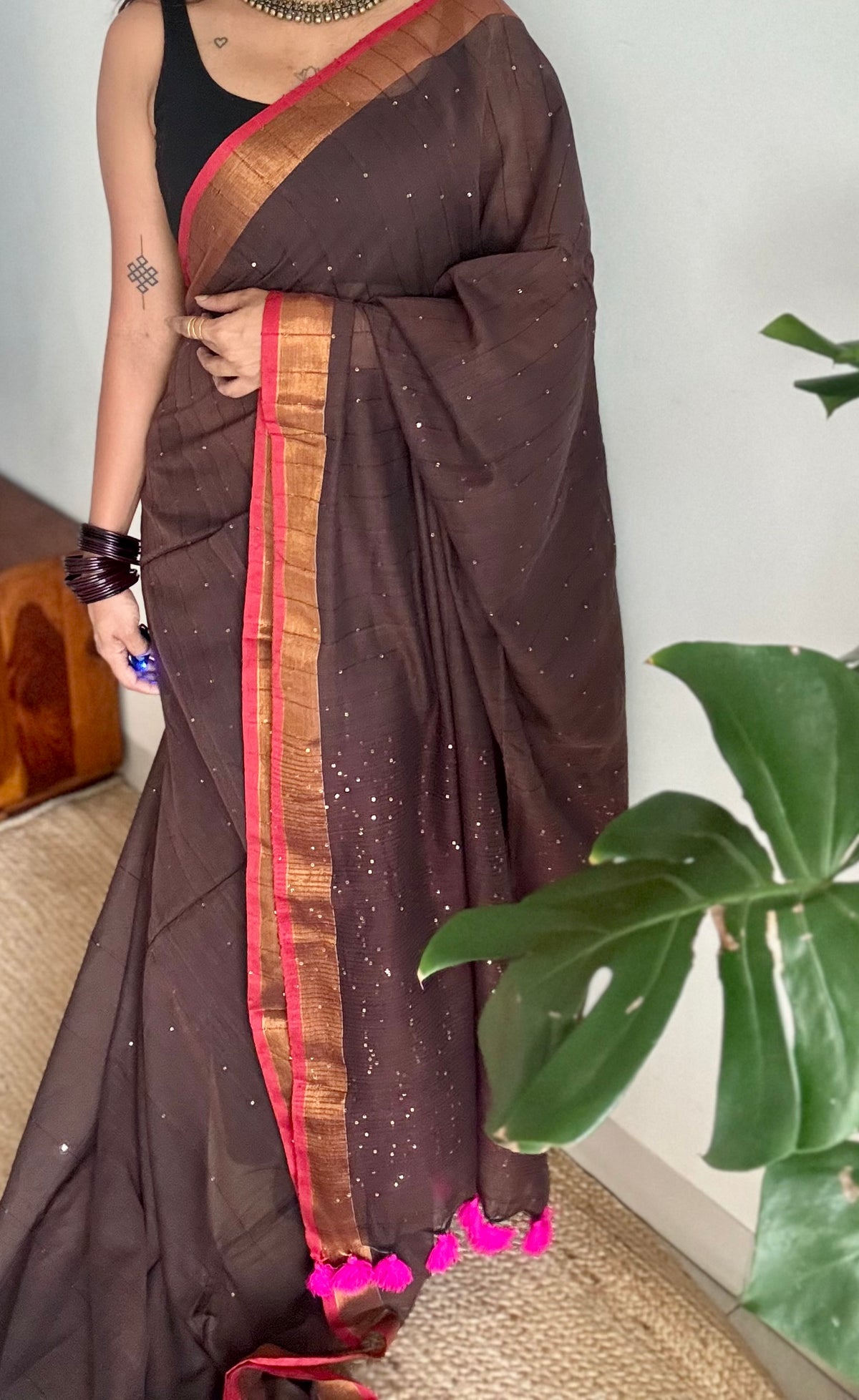 Brown mul cotton saree with sequins and zari border - YCBCMCSE33