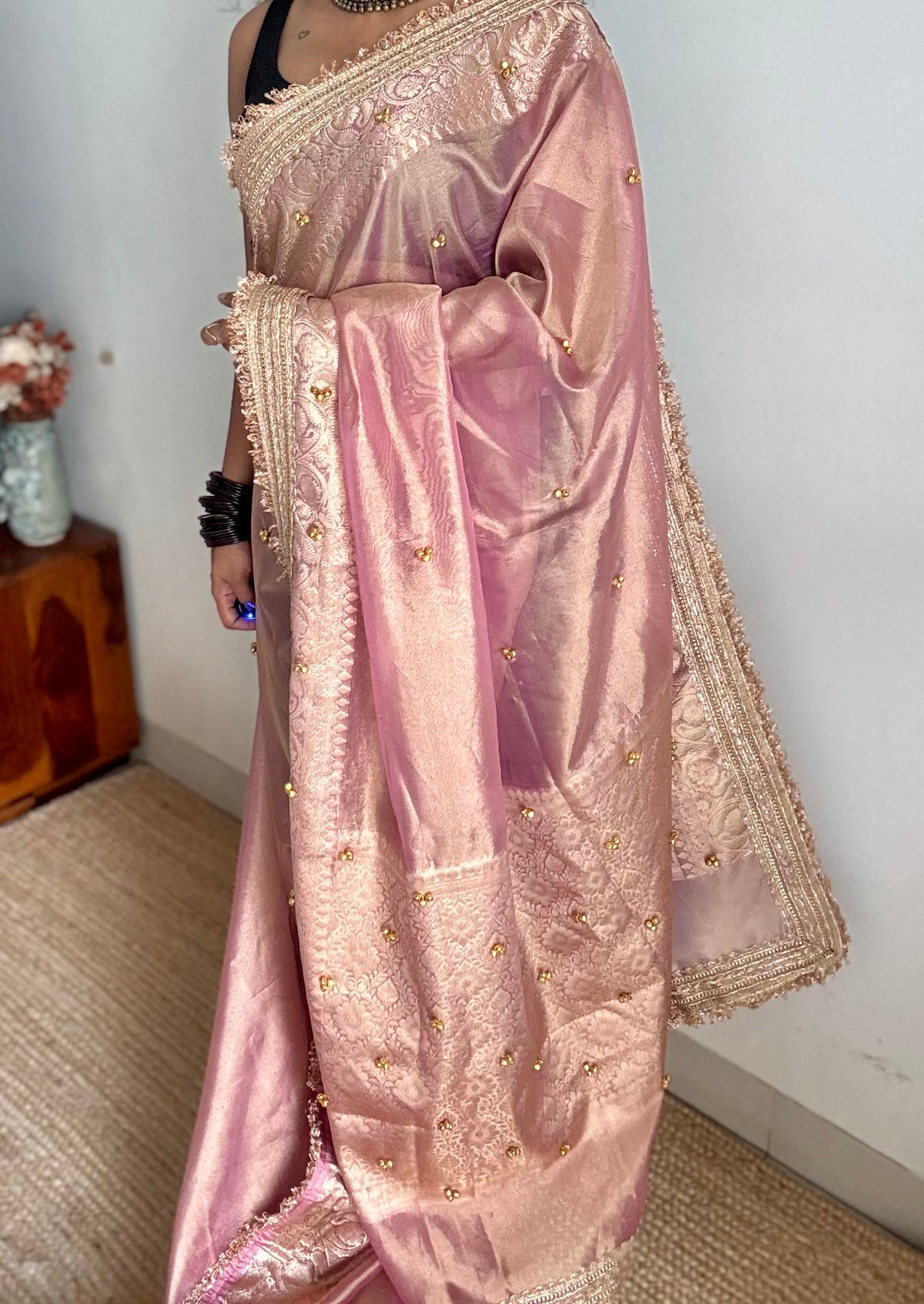 Pink gold tissue Banarasi saree with ghungroo embellishments and zari border - YCBLTOC71