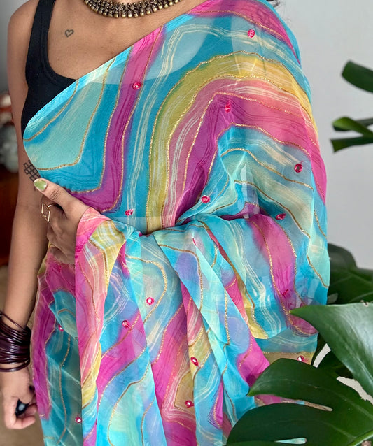 Blue multicoloured leheriya chiffon saree with mirror work  - YCTORLOC94