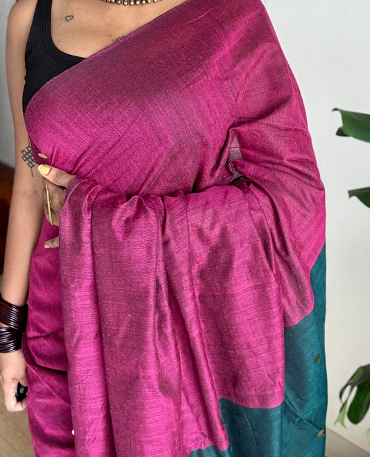 Ruby with peacock green contrast pallu, gini sequins, soft cotton saree - YCBCSCOC10